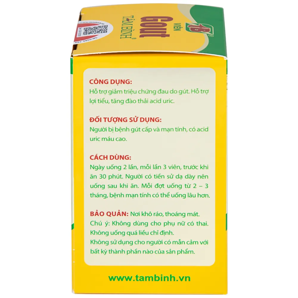 VIÊN UỐNG HỖ TRỢ GIẢM TRIỆU CHỨNG ĐAU DO GÚT GOUT TÂM BÌNH 60V 12