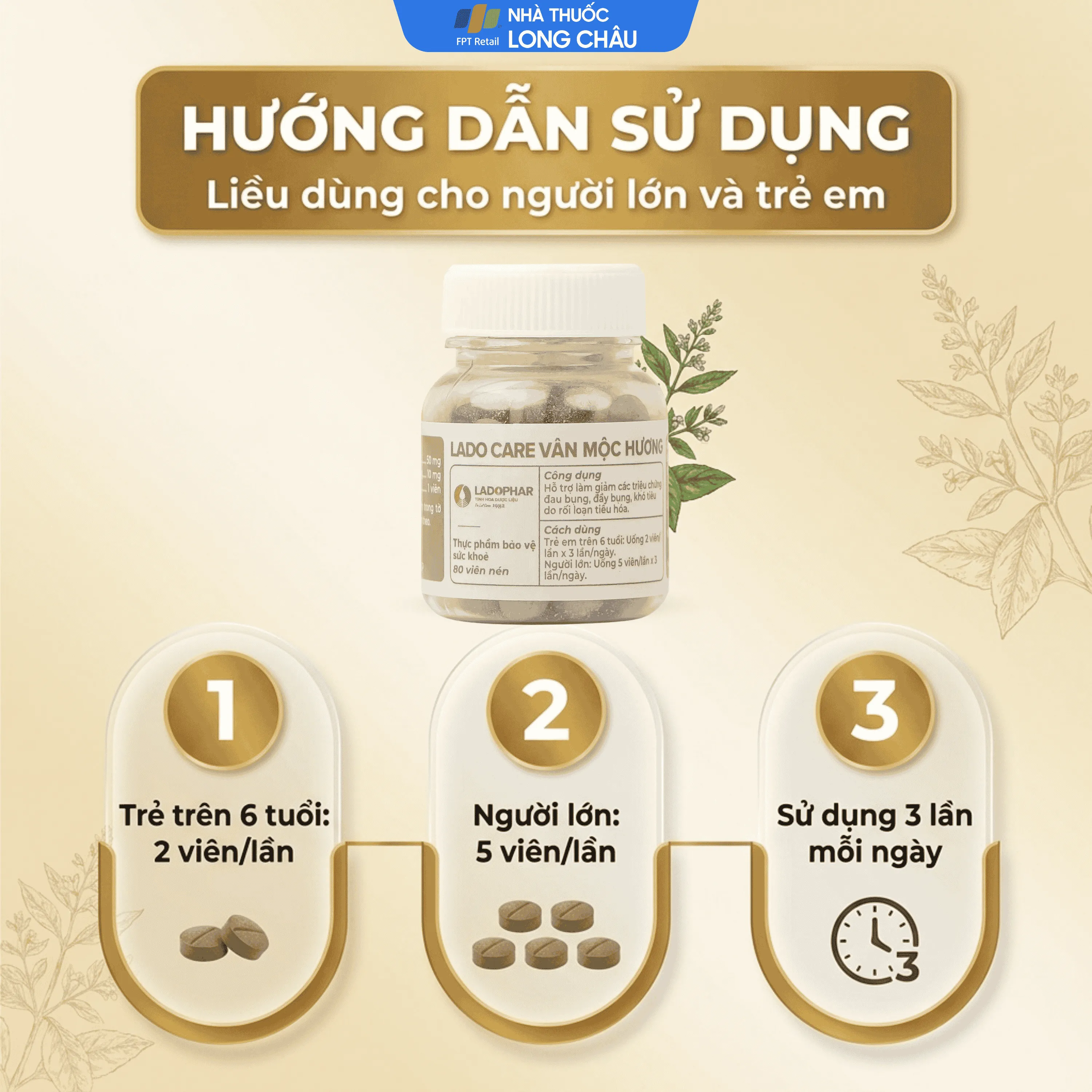 VIÊN UỐNG HỖ TRỢ GIẢM TRIỆU CHỨNG ĐẦY BỤNG LADO CARE VÂN MỘC HƯƠNG LADOPHAR 80V 5