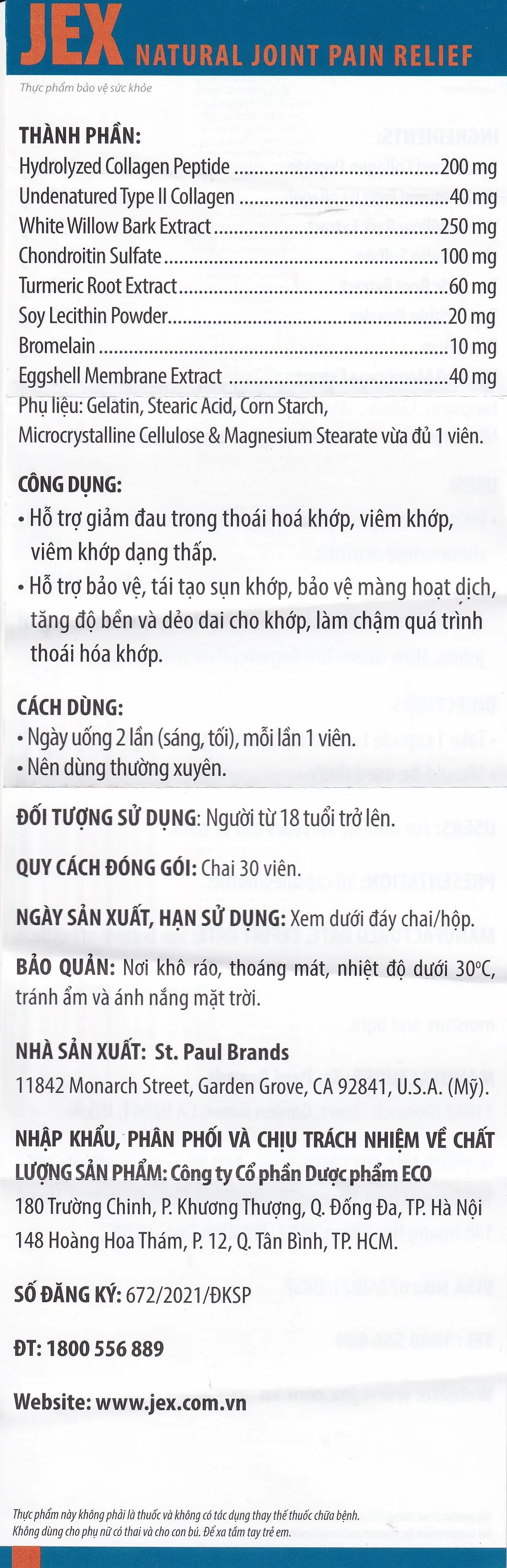 VIÊN UỐNG HỖ TRỢ GIẢM VIÊM KHỚP JEX ECOGREEN 30V 5
