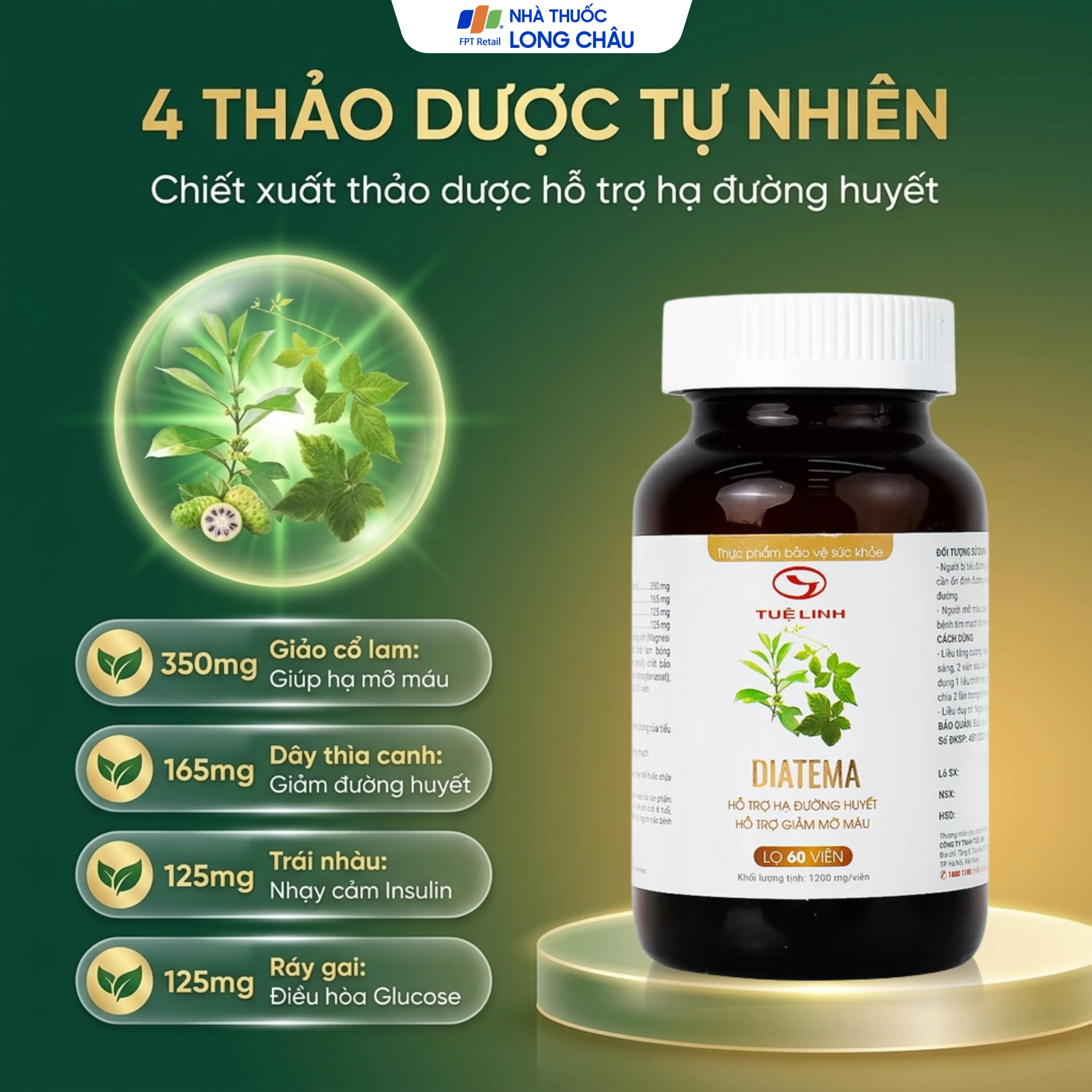 VIÊN UỐNG HỖ TRỢ HẠ ĐƯỜNG HUYẾT DIATEMA TUỆ LINH 60V 2