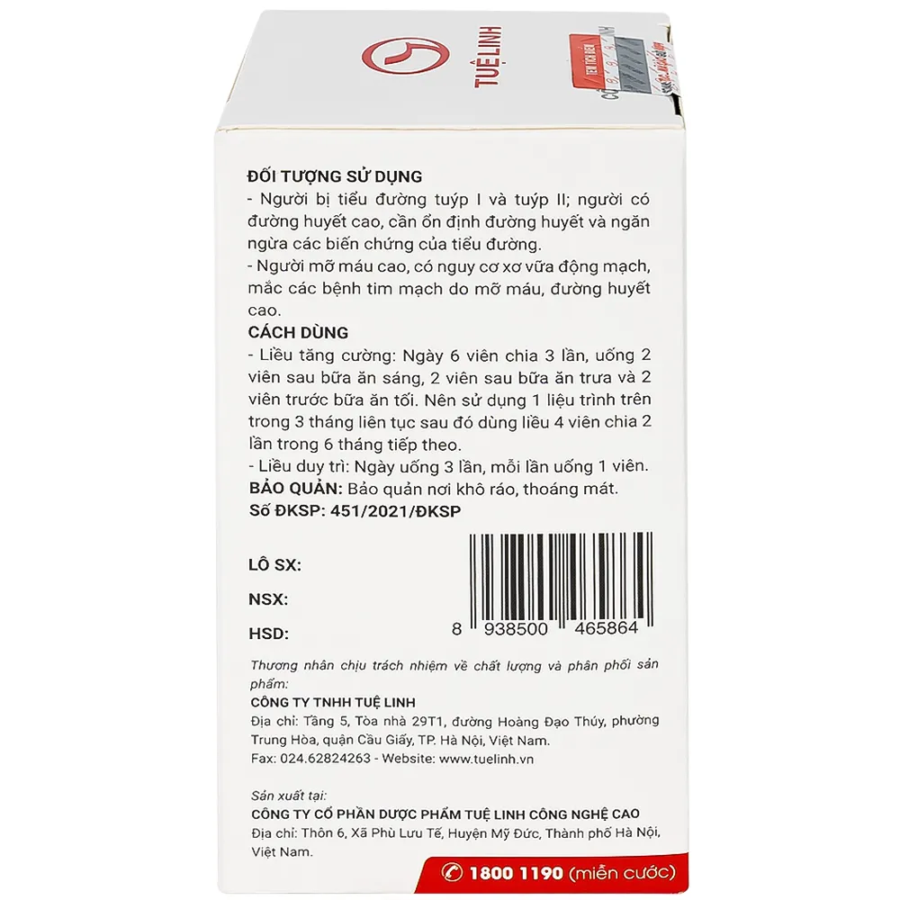 VIÊN UỐNG HỖ TRỢ HẠ ĐƯỜNG HUYẾT DIATEMA TUỆ LINH 60V 8
