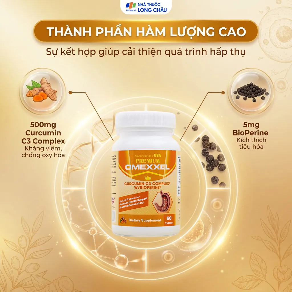 VIÊN UỐNG HỖ TRỢ HỆ TIÊU HÓA PREMIUM OMEXXEL CURCUMIN C3 COMPLEX W/BIOPERINE 60V 3