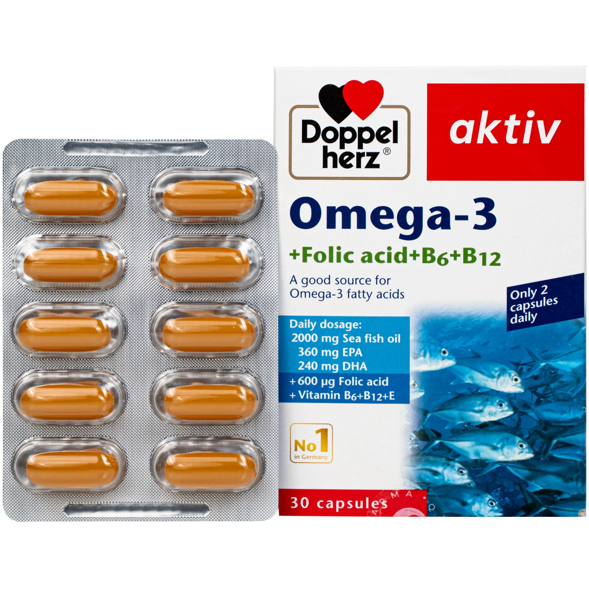 VIÊN UỐNG HỖ TRỢ MẠCH MÁU OMEGA-3 + FOLIC ACID + B6 + B12 DOPPELHERZ 3X10