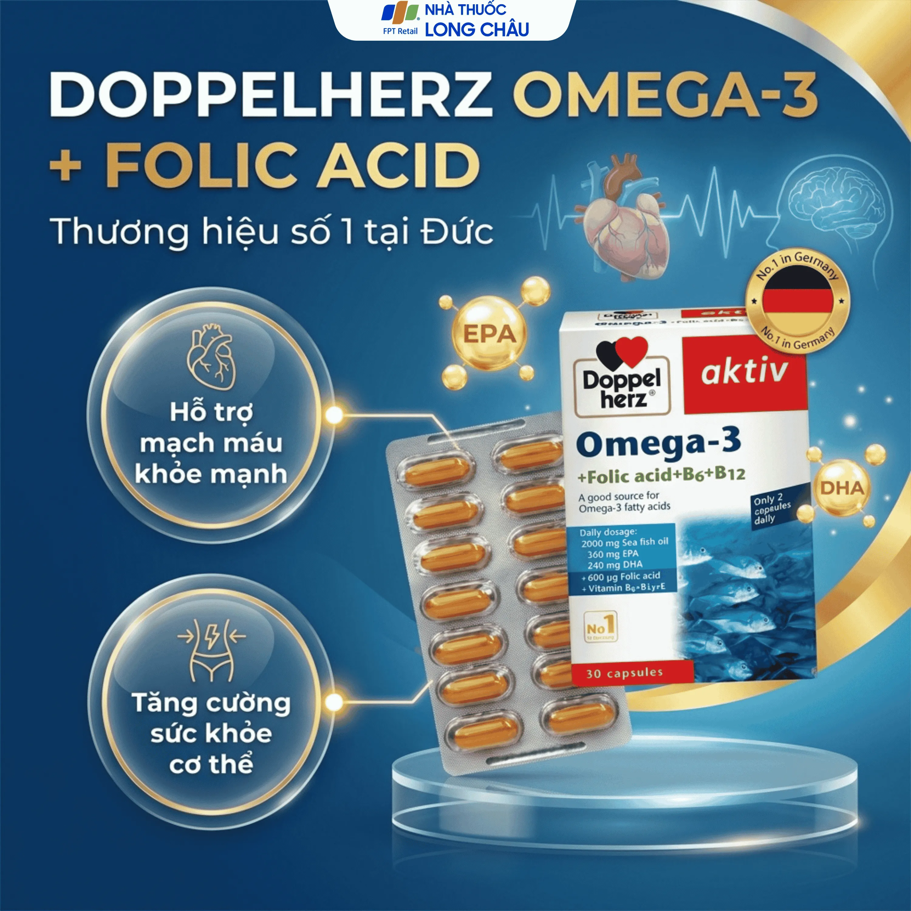 VIÊN UỐNG HỖ TRỢ MẠCH MÁU OMEGA-3 + FOLIC ACID + B6 + B12 DOPPELHERZ 3X10 3