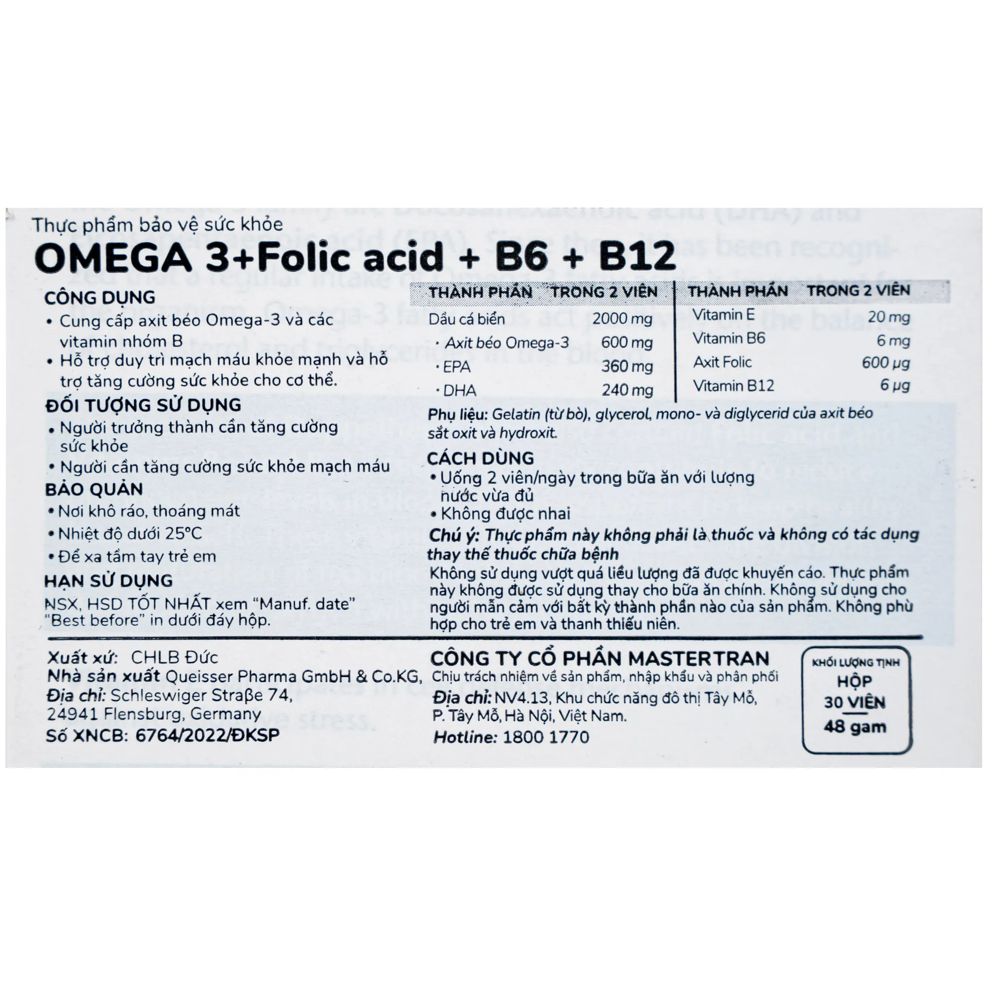 VIÊN UỐNG HỖ TRỢ MẠCH MÁU OMEGA-3 + FOLIC ACID + B6 + B12 DOPPELHERZ 3X10 14