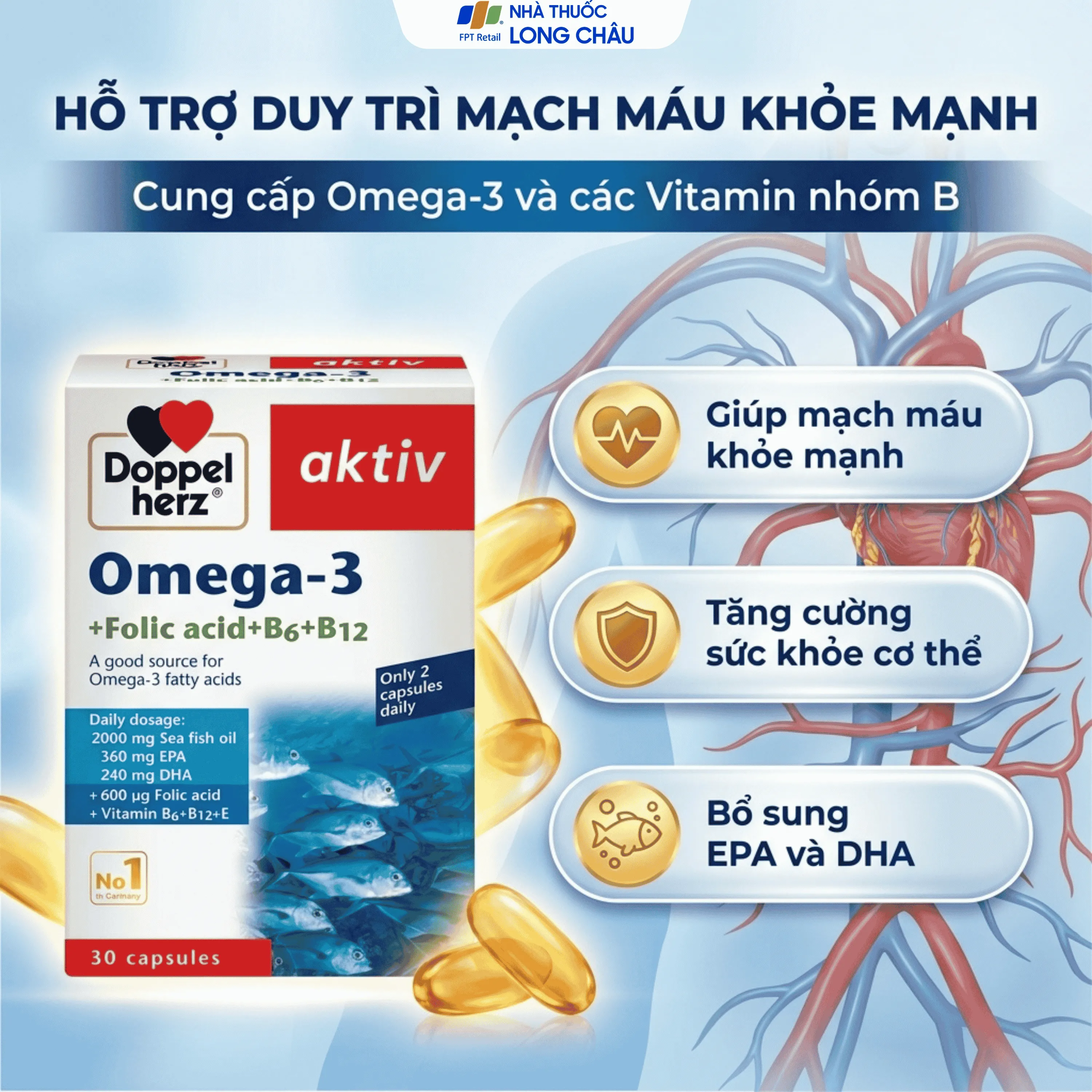 VIÊN UỐNG HỖ TRỢ MẠCH MÁU OMEGA-3 + FOLIC ACID + B6 + B12 DOPPELHERZ 3X10 4