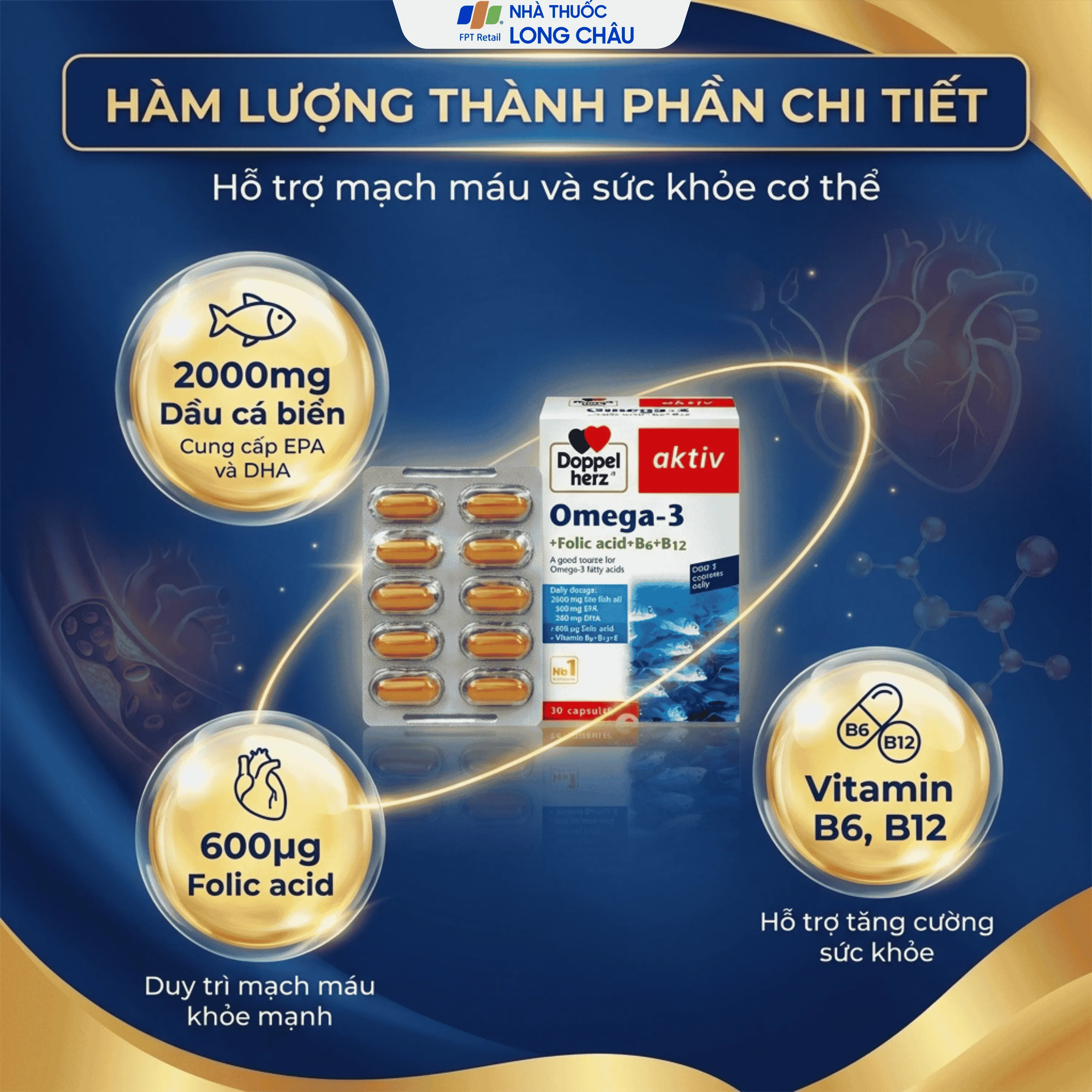 VIÊN UỐNG HỖ TRỢ MẠCH MÁU OMEGA-3 + FOLIC ACID + B6 + B12 DOPPELHERZ 3X10 5
