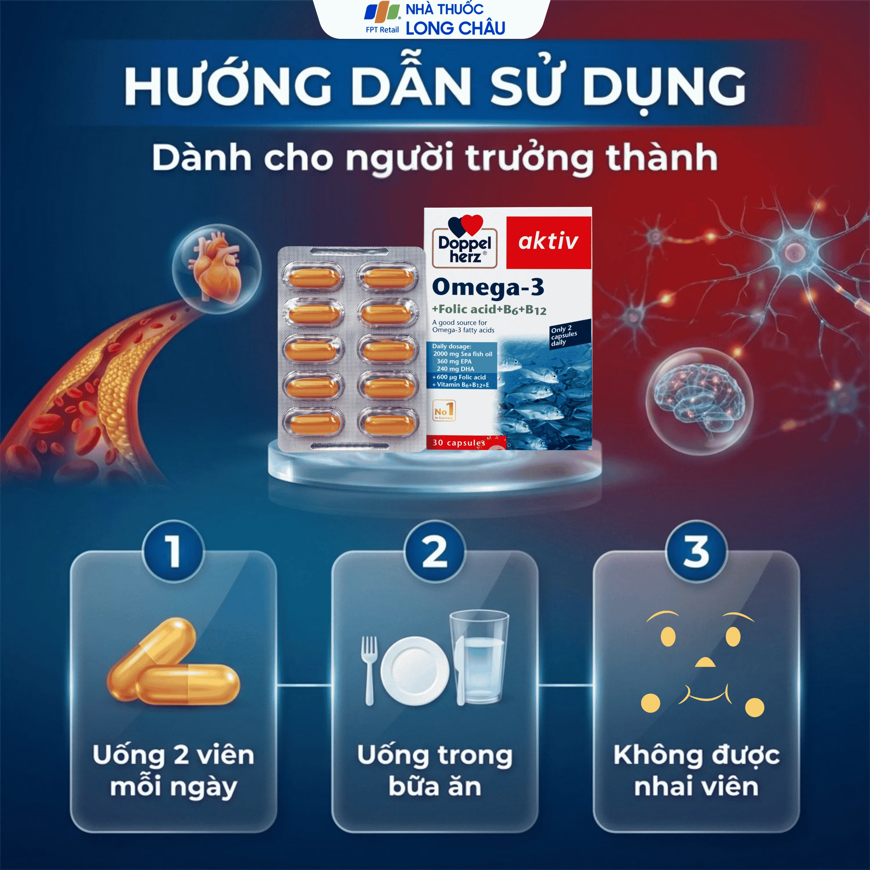 VIÊN UỐNG HỖ TRỢ MẠCH MÁU OMEGA-3 + FOLIC ACID + B6 + B12 DOPPELHERZ 3X10 6