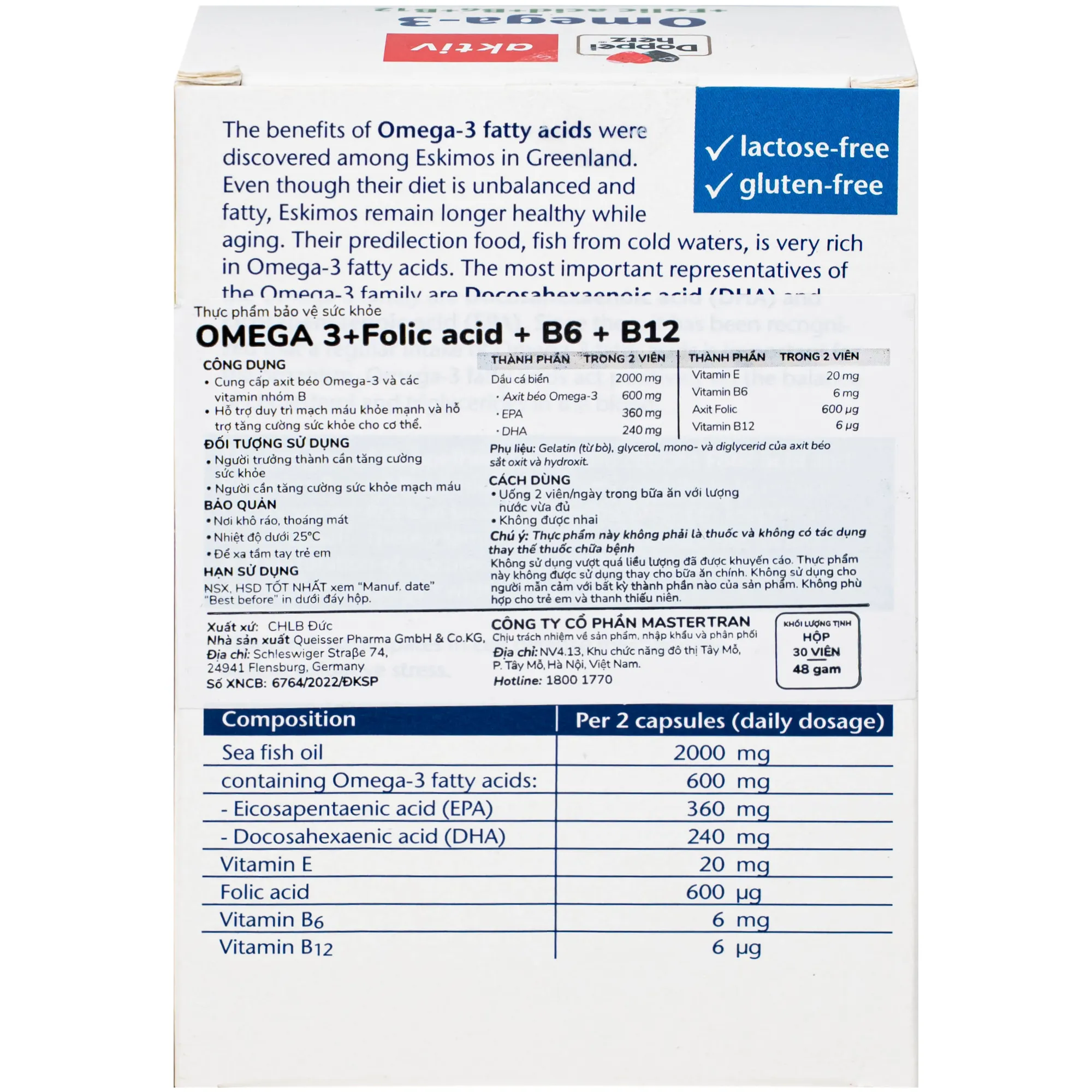 VIÊN UỐNG HỖ TRỢ MẠCH MÁU OMEGA-3 + FOLIC ACID + B6 + B12 DOPPELHERZ 3X10 8