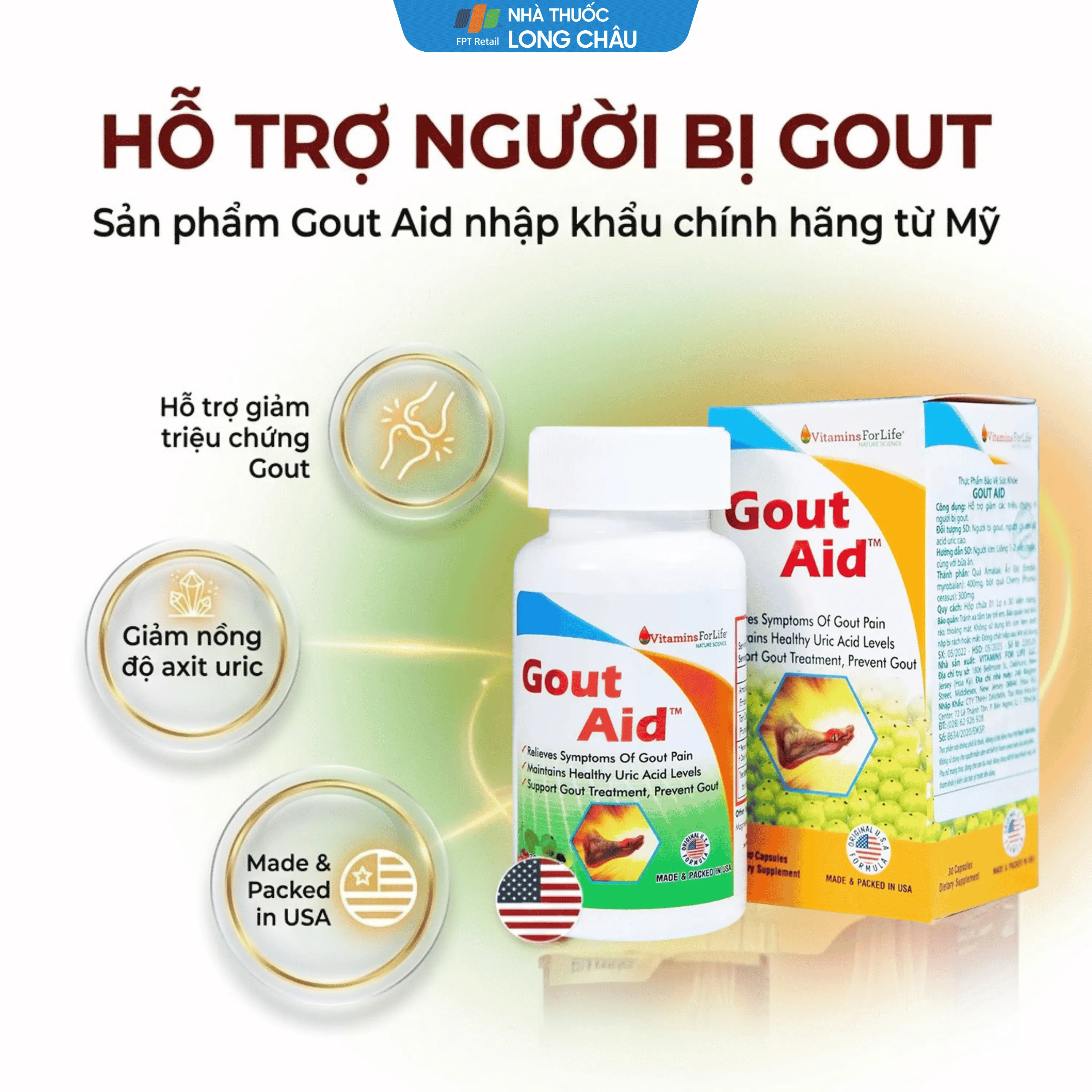 VIÊN UỐNG HỖ TRỢ NGƯỜI BỊ GOUT, CHỈ SỐ ACID URIC CAO-GOUT AID VITAMINS FOR LIFE 30V 2