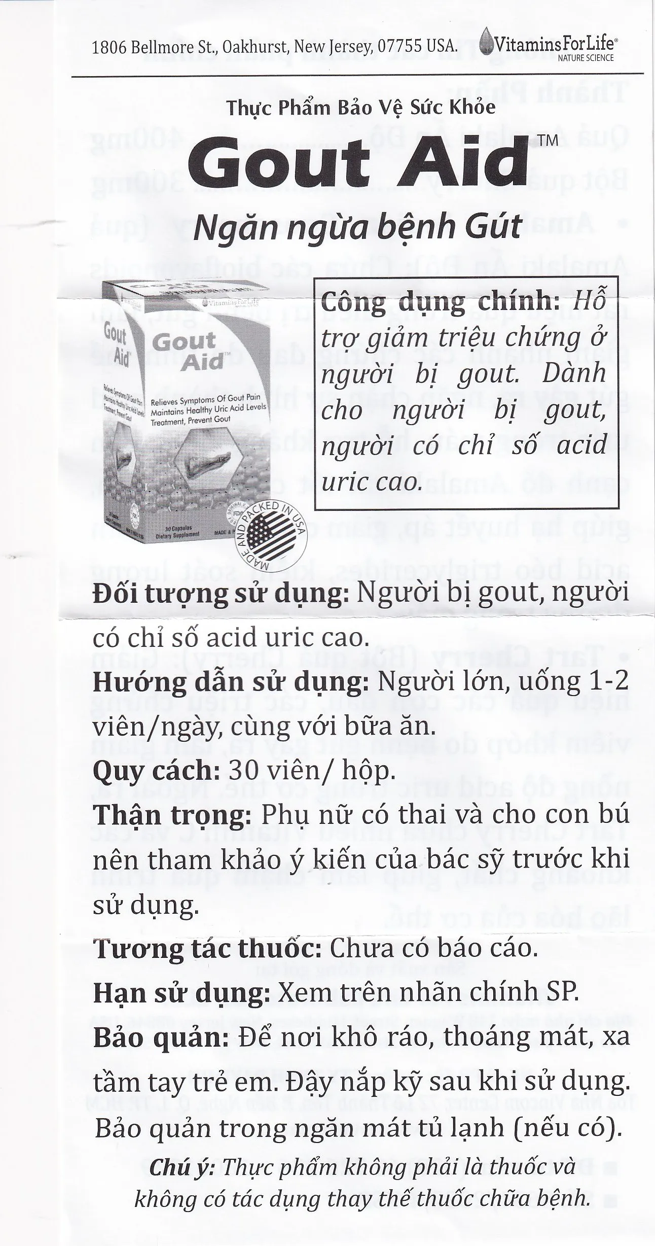 VIÊN UỐNG HỖ TRỢ NGƯỜI BỊ GOUT, CHỈ SỐ ACID URIC CAO-GOUT AID VITAMINS FOR LIFE 30V 13