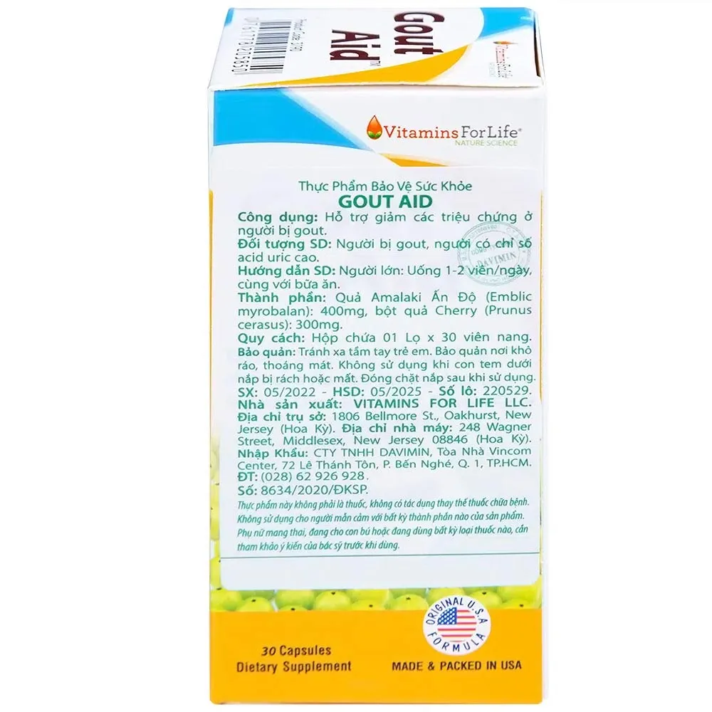 VIÊN UỐNG HỖ TRỢ NGƯỜI BỊ GOUT, CHỈ SỐ ACID URIC CAO-GOUT AID VITAMINS FOR LIFE 30V 16