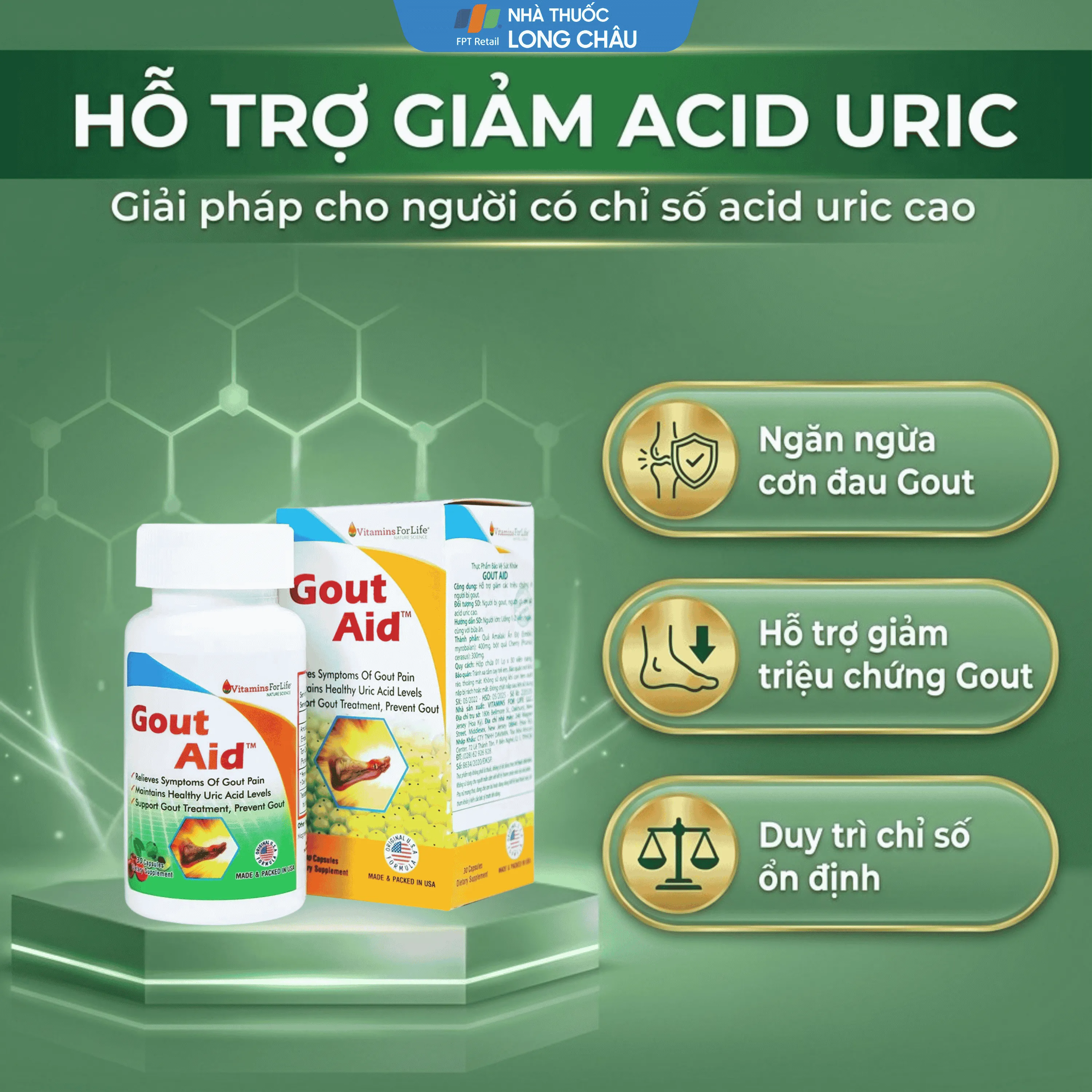 VIÊN UỐNG HỖ TRỢ NGƯỜI BỊ GOUT, CHỈ SỐ ACID URIC CAO-GOUT AID VITAMINS FOR LIFE 30V 4