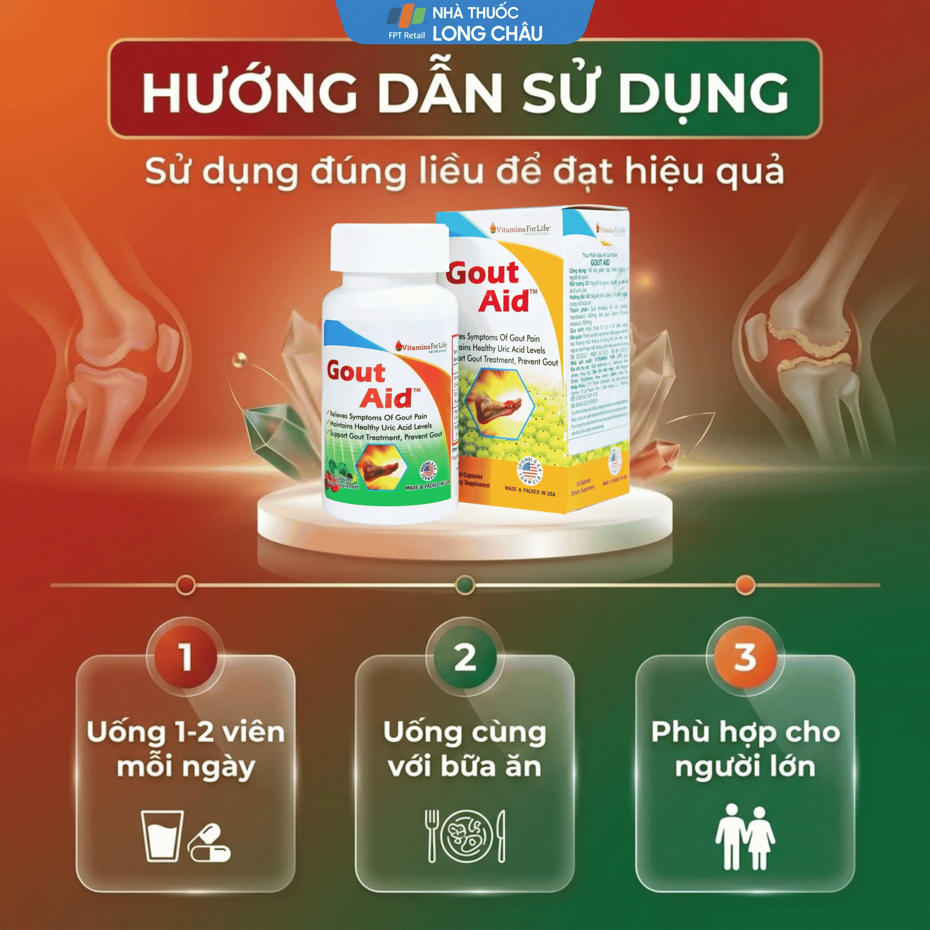 VIÊN UỐNG HỖ TRỢ NGƯỜI BỊ GOUT, CHỈ SỐ ACID URIC CAO-GOUT AID VITAMINS FOR LIFE 30V 5