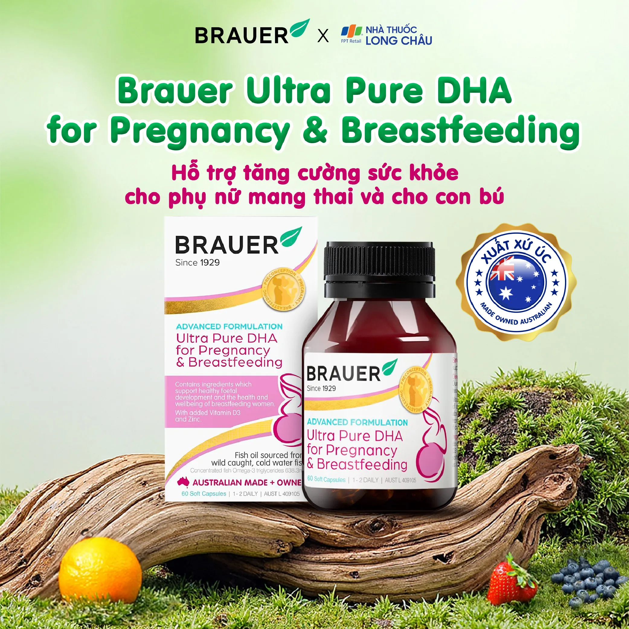 VIÊN UỐNG HÕ TRỢ PHỤ NỮ MANG THAI VÀ PHỤ NỮ CHO CON BÚ BRAUER ULTRA PURE DHA FOR PREGNANCY & BREASTFEEDING 60V 2