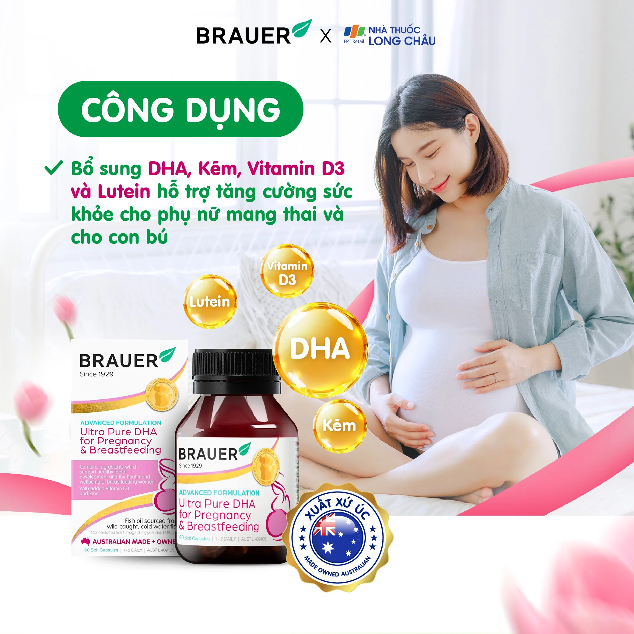 VIÊN UỐNG HÕ TRỢ PHỤ NỮ MANG THAI VÀ PHỤ NỮ CHO CON BÚ BRAUER ULTRA PURE DHA FOR PREGNANCY & BREASTFEEDING 60V 3