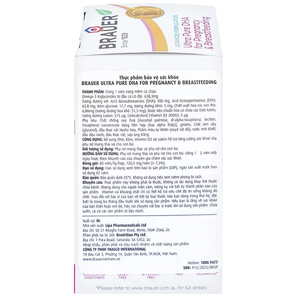 VIÊN UỐNG HÕ TRỢ PHỤ NỮ MANG THAI VÀ PHỤ NỮ CHO CON BÚ BRAUER ULTRA PURE DHA FOR PREGNANCY & BREASTFEEDING 60V 13