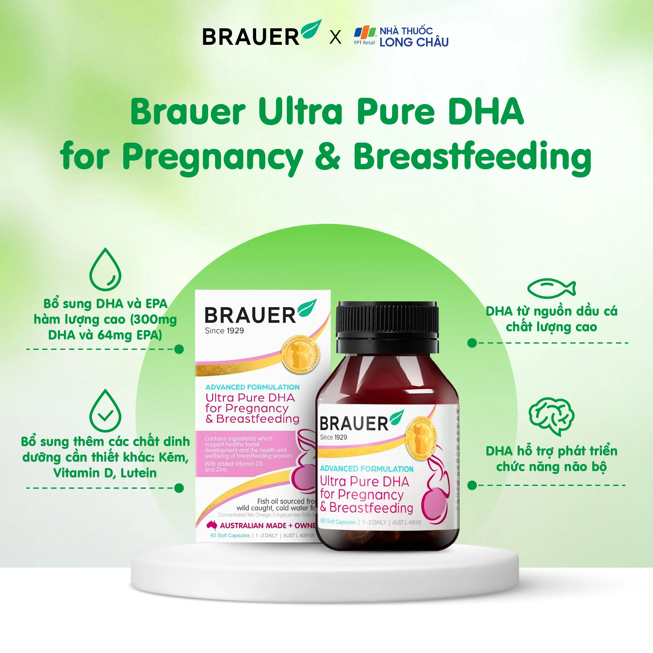 VIÊN UỐNG HÕ TRỢ PHỤ NỮ MANG THAI VÀ PHỤ NỮ CHO CON BÚ BRAUER ULTRA PURE DHA FOR PREGNANCY & BREASTFEEDING 60V 4