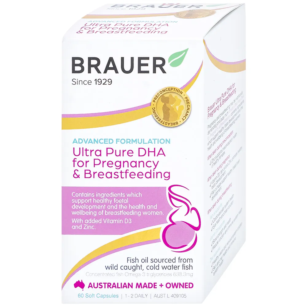 VIÊN UỐNG HÕ TRỢ PHỤ NỮ MANG THAI VÀ PHỤ NỮ CHO CON BÚ BRAUER ULTRA PURE DHA FOR PREGNANCY & BREASTFEEDING 60V 10