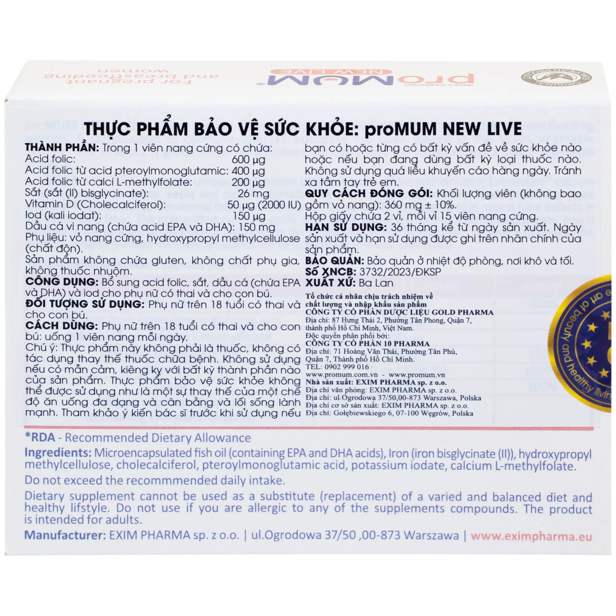 VIÊN UỐNG HỖ TRỢ PHỤ NỮ MANG THAI PROMUM NEW LIVE 2X15 8