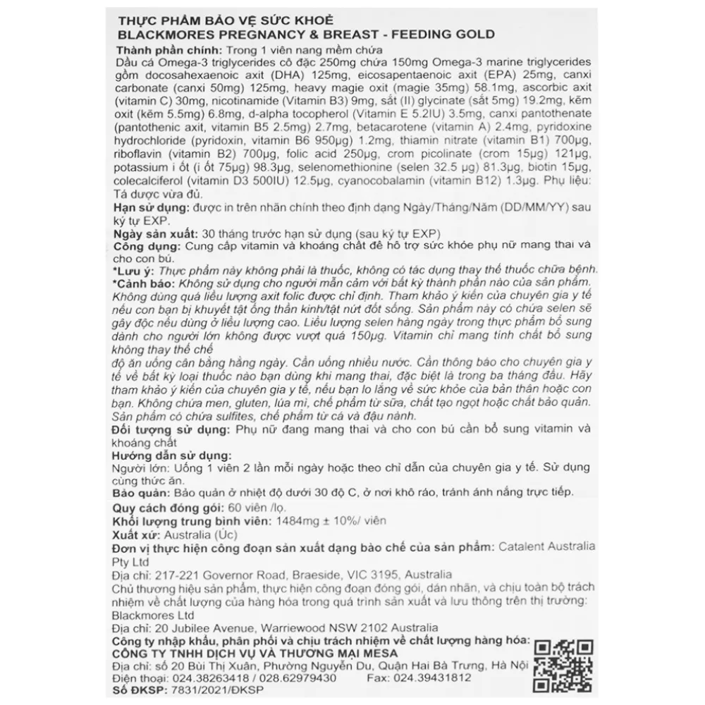 VIÊN UỐNG HỖ TRỢ PHỤ NỮ MANG THAI VÀ CHO CON BÚ BLACKMORES PREGNANCY & BREAST - FEEDING GOLD 60V 10