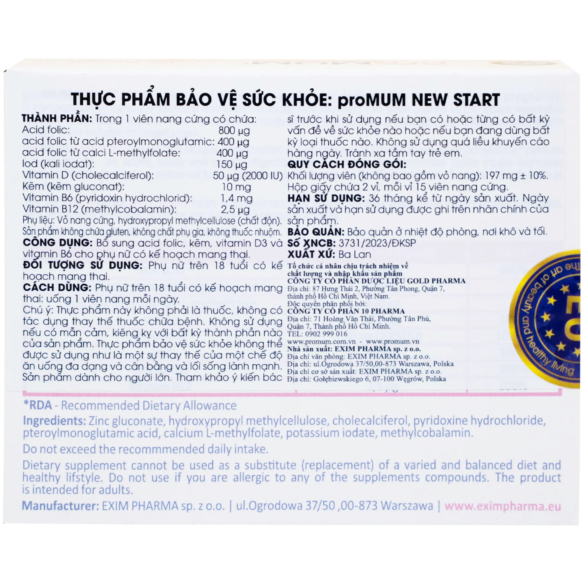 VIÊN UỐNG HỖ TRỢ PHỤ NỮ TRƯỚC KHI MANG THAI PROMUM NEW START 2X15 6