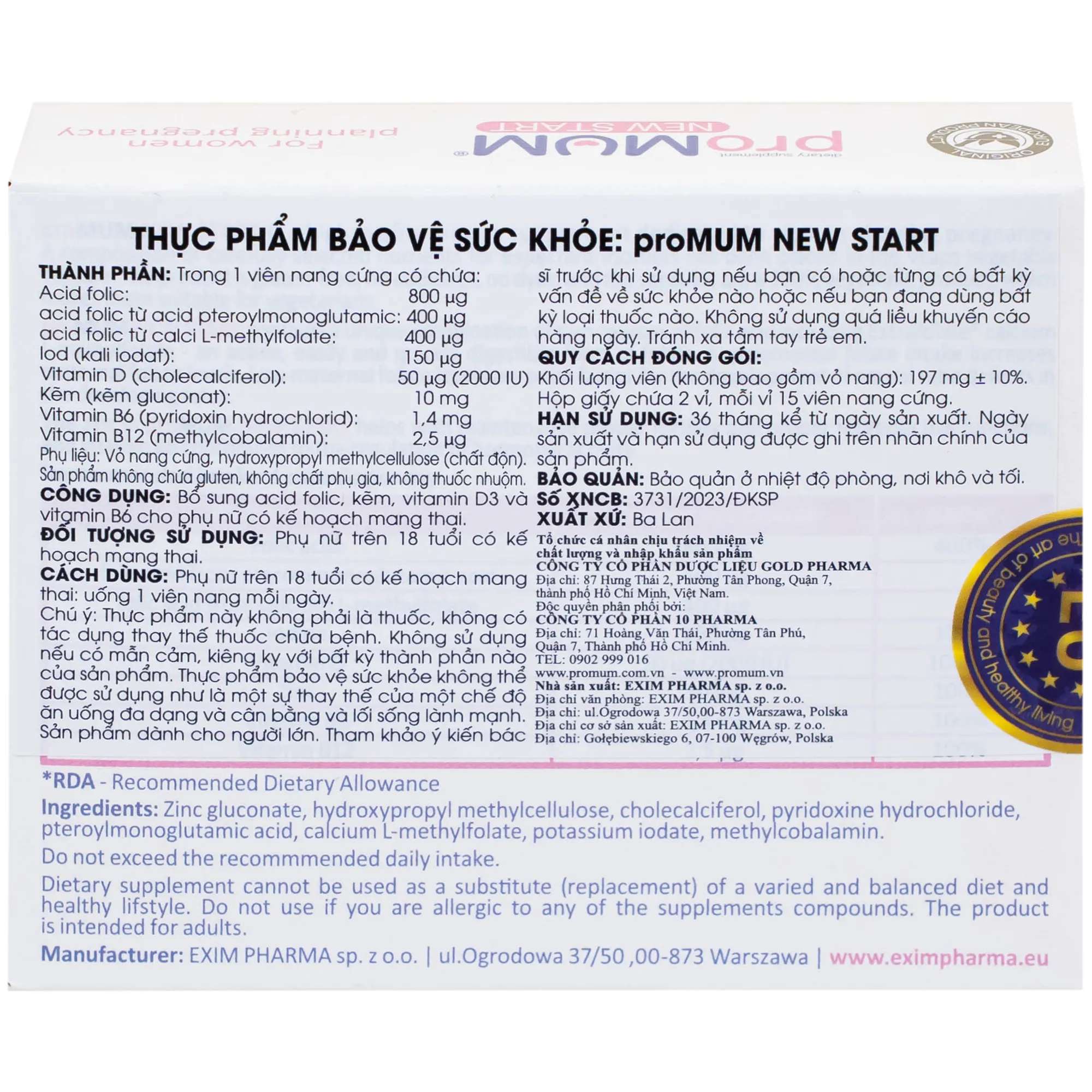 VIÊN UỐNG HỖ TRỢ PHỤ NỮ TRƯỚC KHI MANG THAI PROMUM NEW START 2X15 8