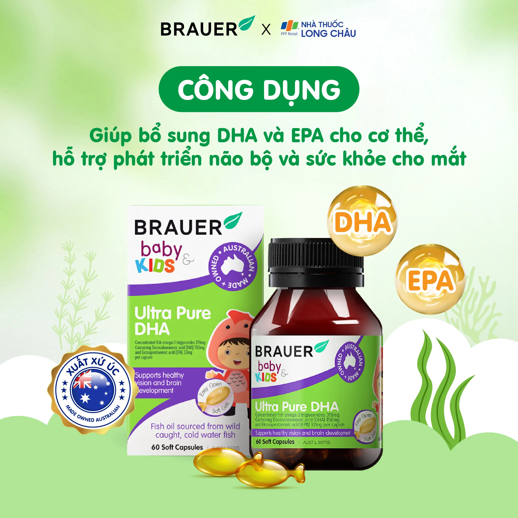 VIÊN UỐNG HỖ TRỢ PHÁT TRIỂN NÃO BỘ BRAUER BABY & KIDS ULTRA PURE DHA 60V 2