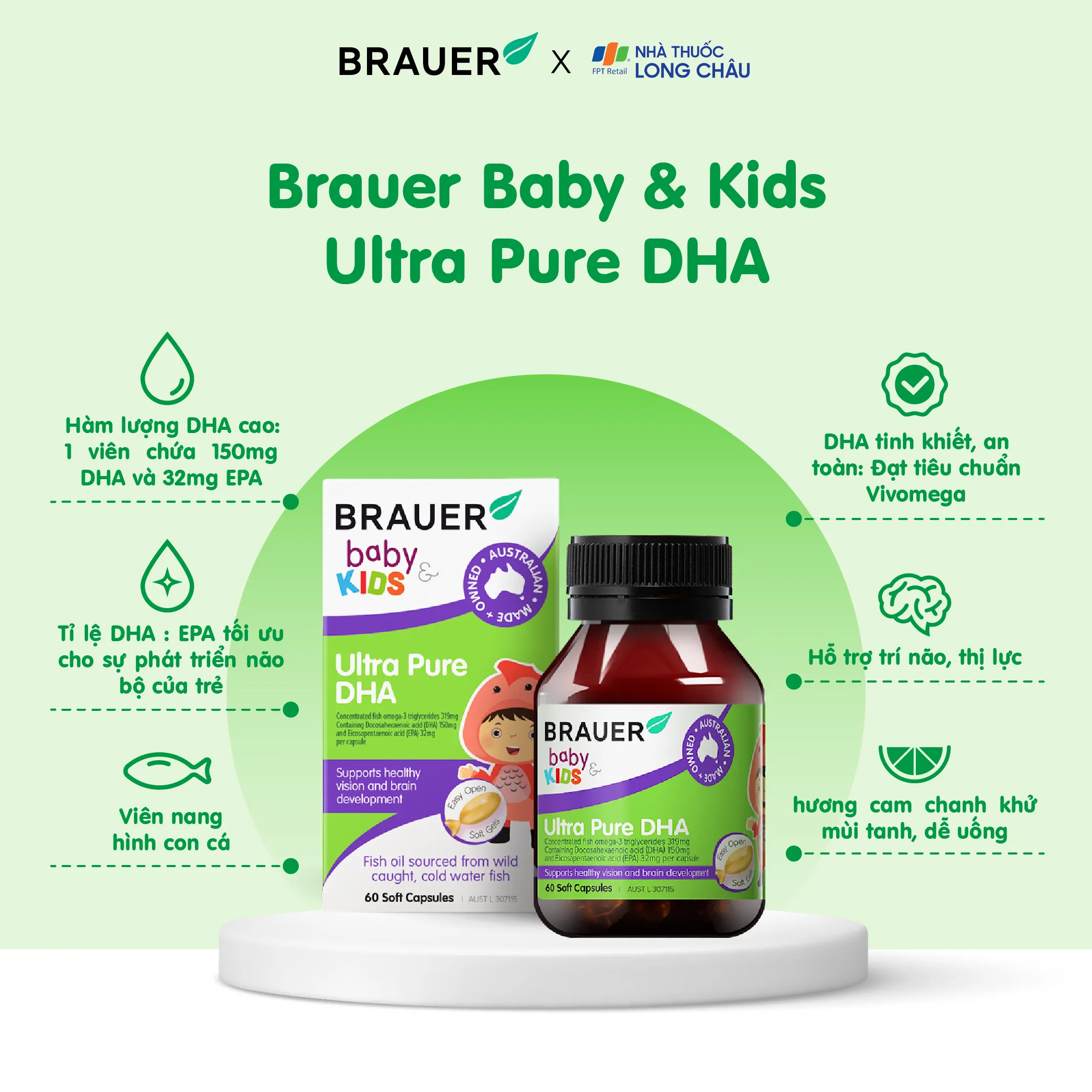 VIÊN UỐNG HỖ TRỢ PHÁT TRIỂN NÃO BỘ BRAUER BABY & KIDS ULTRA PURE DHA 60V 3