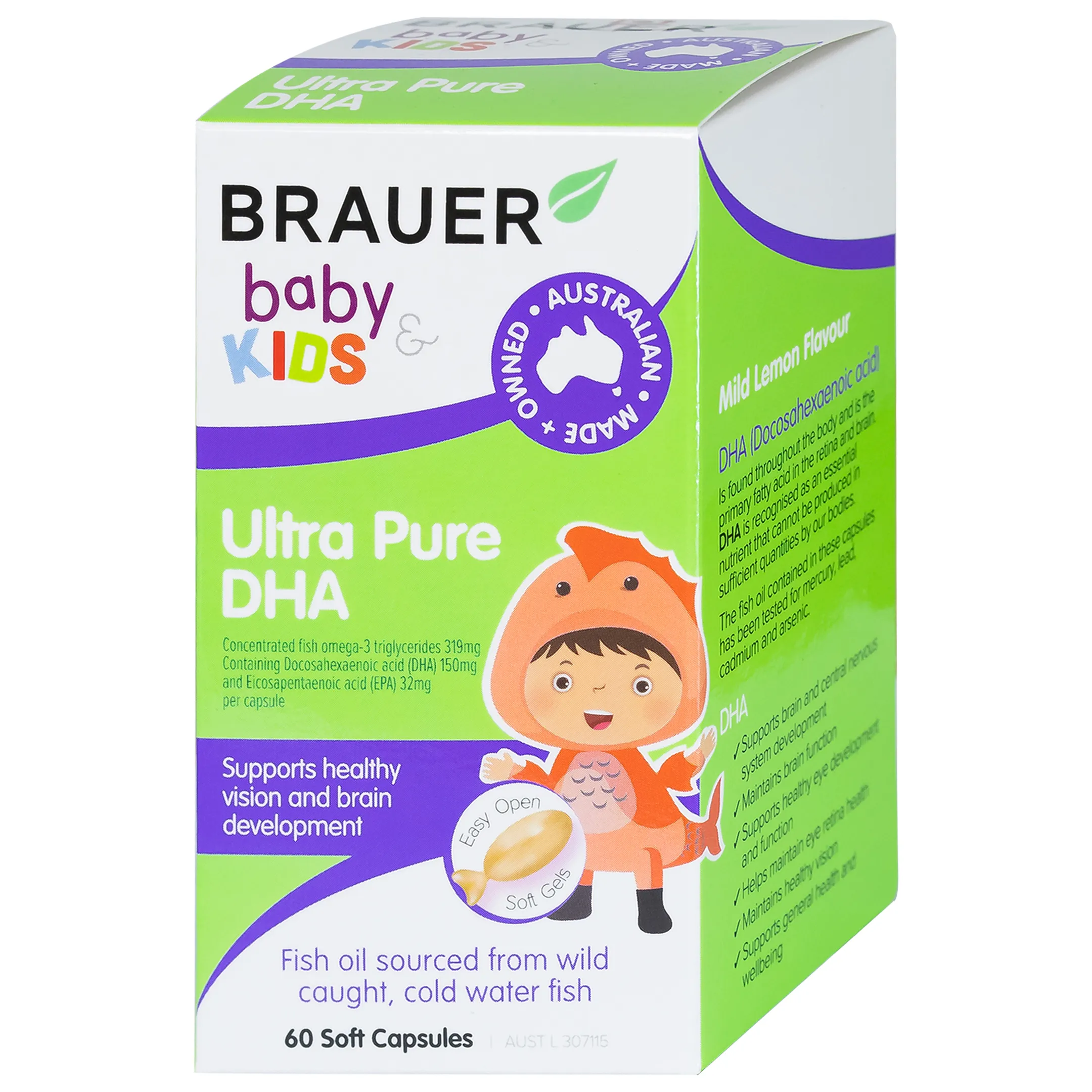 VIÊN UỐNG HỖ TRỢ PHÁT TRIỂN NÃO BỘ BRAUER BABY & KIDS ULTRA PURE DHA 60V 12