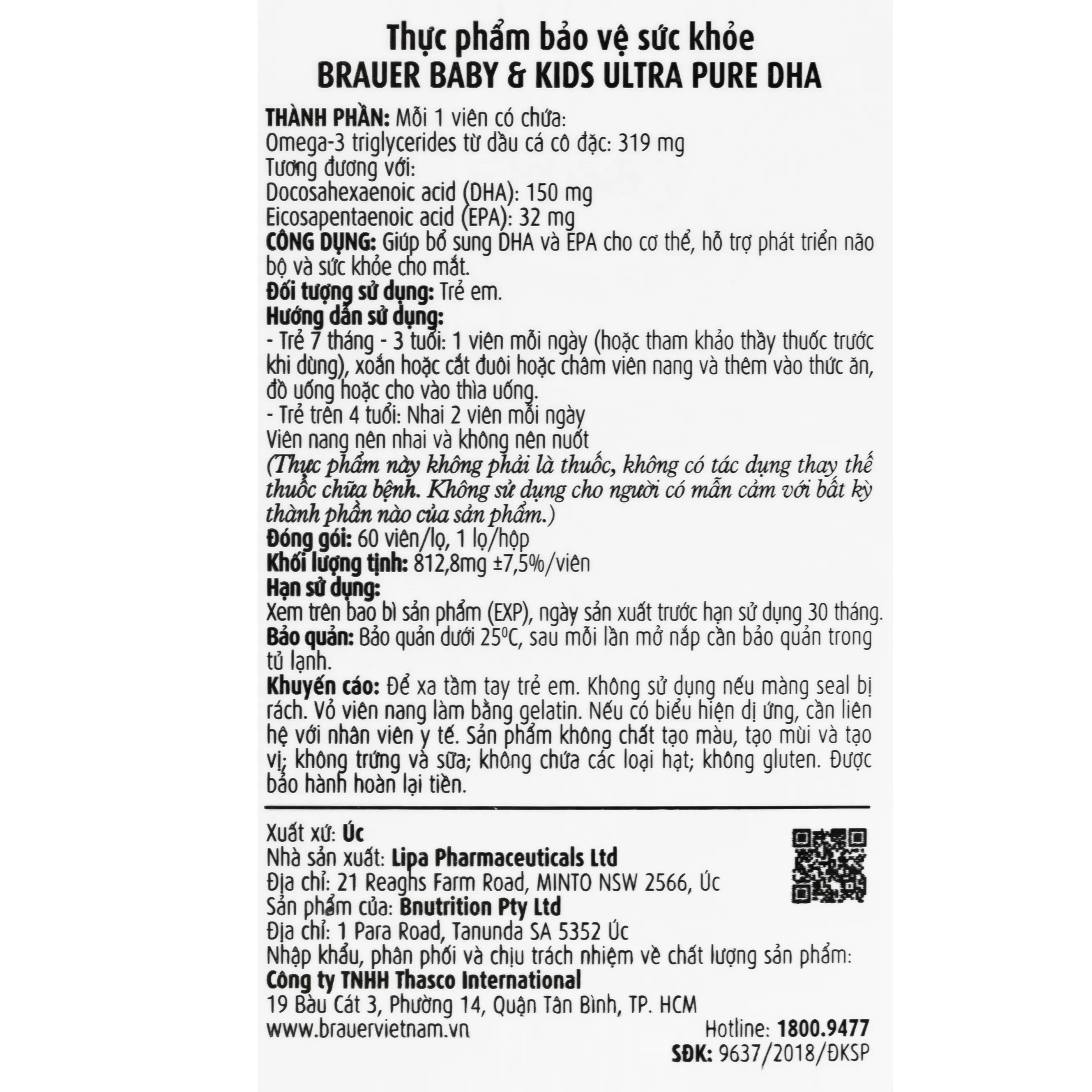 VIÊN UỐNG HỖ TRỢ PHÁT TRIỂN NÃO BỘ BRAUER BABY & KIDS ULTRA PURE DHA 60V 17