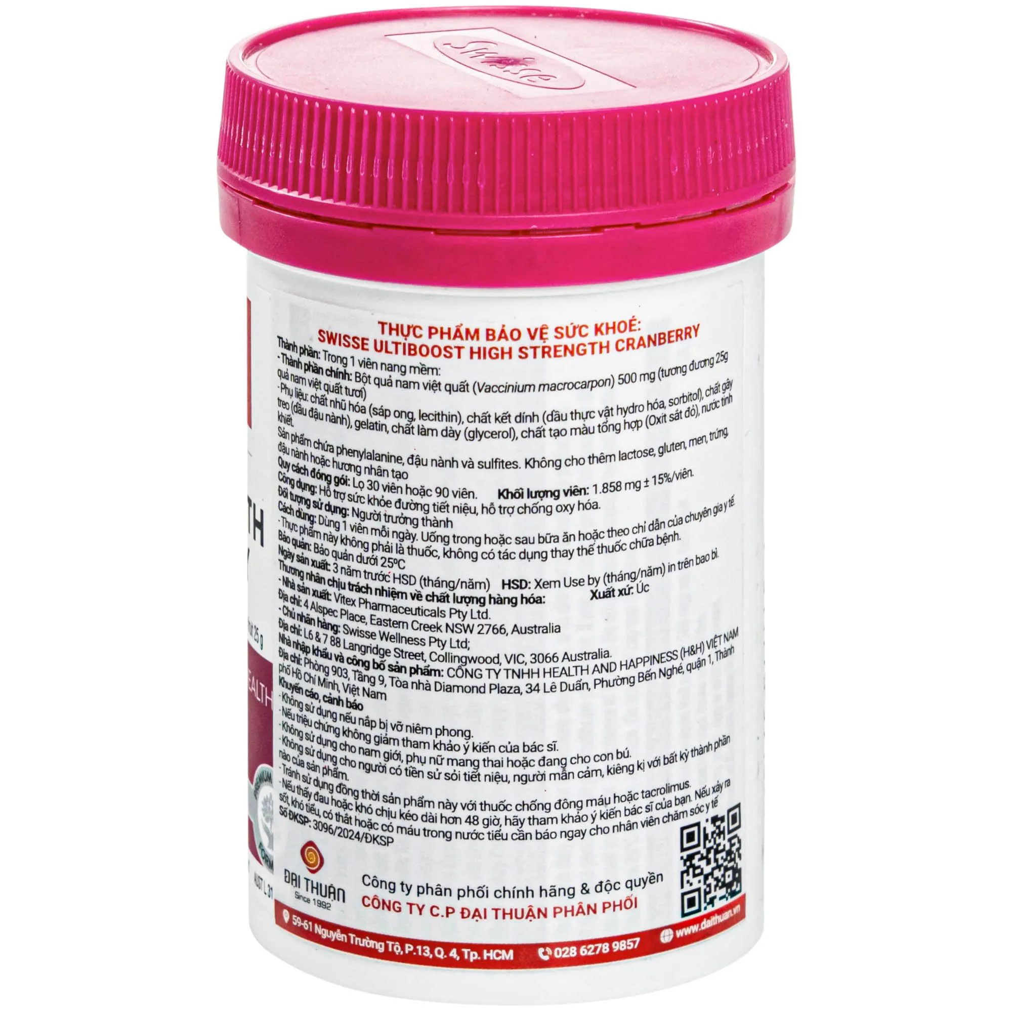 VIÊN UỐNG HỖ TRỢ SỨC KHỎE ĐƯỜNG TIẾT NIỆU SWISSE ULTIBOOST HIGH STRENGTH CRANBERRY 30V 8