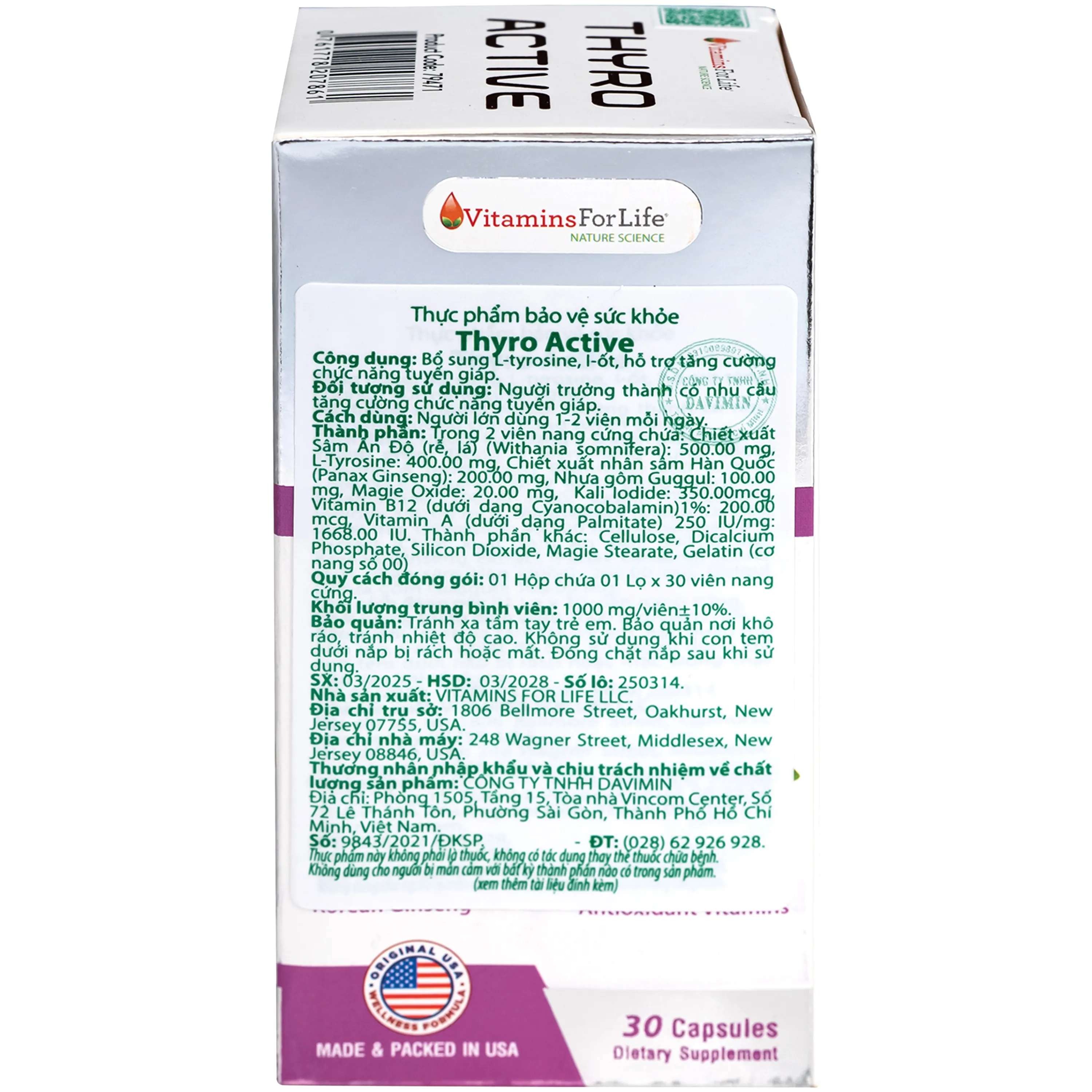 VIÊN UỐNG HỖ TRỢ TĂNG CƯỜNG CHỨC NĂNG TUYẾN GIÁP THYRO ACTIVE VITAMINS FOR LIFE 30V 6
