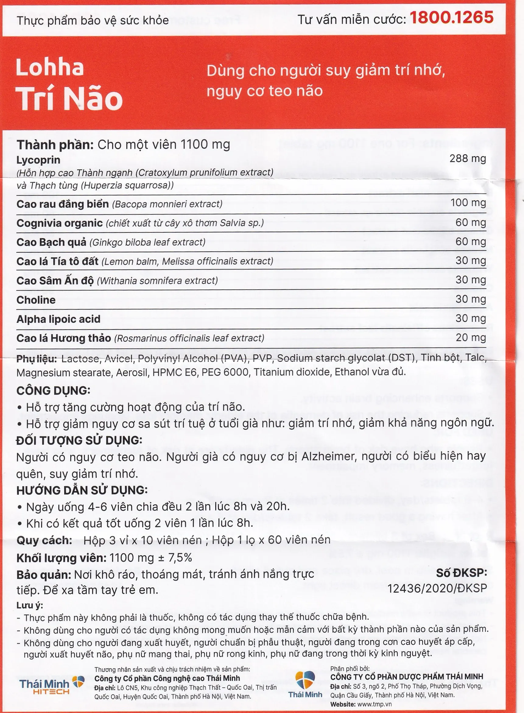 VIÊN UỐNG HỖ TRỢ TĂNG CƯỜNG HOẠT ĐỘNG CỦA TRÍ NÃO LOHHA TRÍ NÃO THÁI MINH 3X10 14