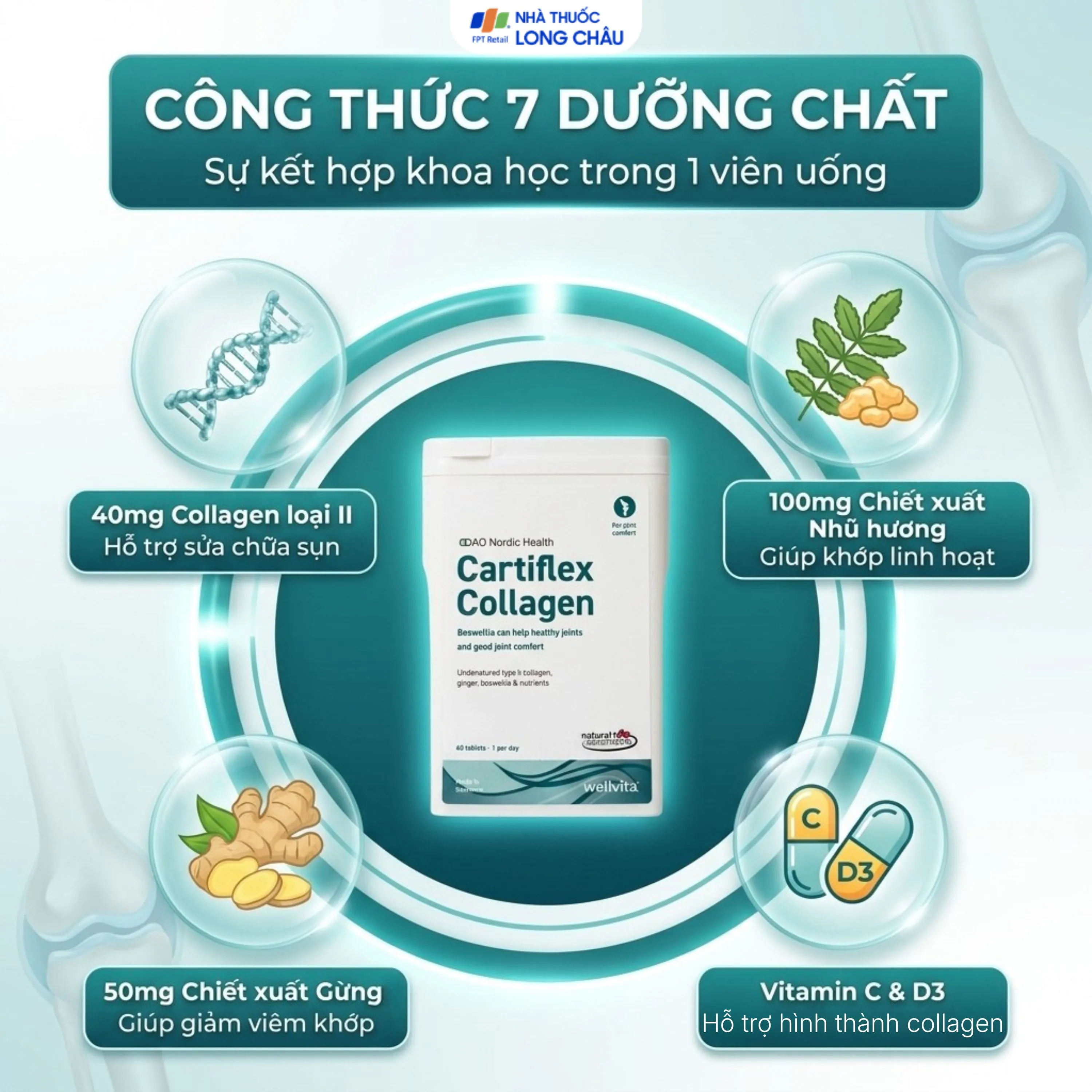 VIÊN UỐNG HỖ TRỢ TĂNG CƯỜNG SỨC KHOẺ XƯƠNG KHỚP CARTIFLEX COLLAGEN DAO NORDIC HEALTH 60V 2