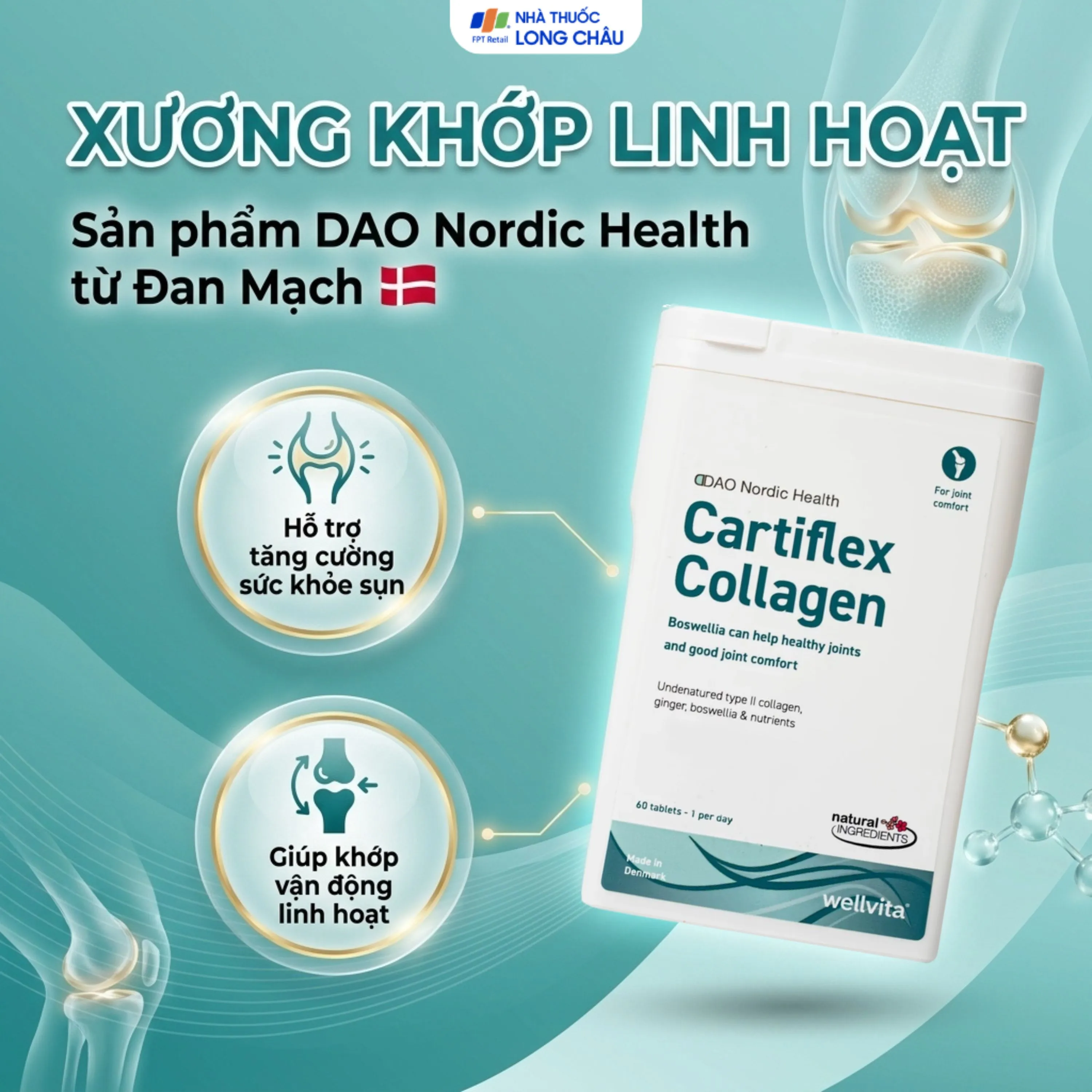 VIÊN UỐNG HỖ TRỢ TĂNG CƯỜNG SỨC KHOẺ XƯƠNG KHỚP CARTIFLEX COLLAGEN DAO NORDIC HEALTH 60V 3