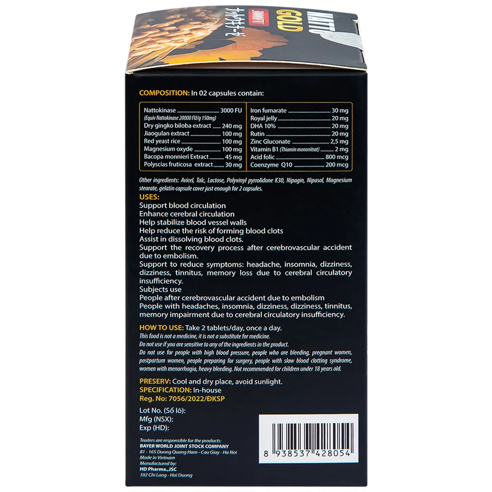 VIÊN UỐNG HỖ TRỢ TĂNG CƯỜNG TUẦN HOÀN NÃO NATTO GOLD 3000FU ROYAL CARE 60V 5