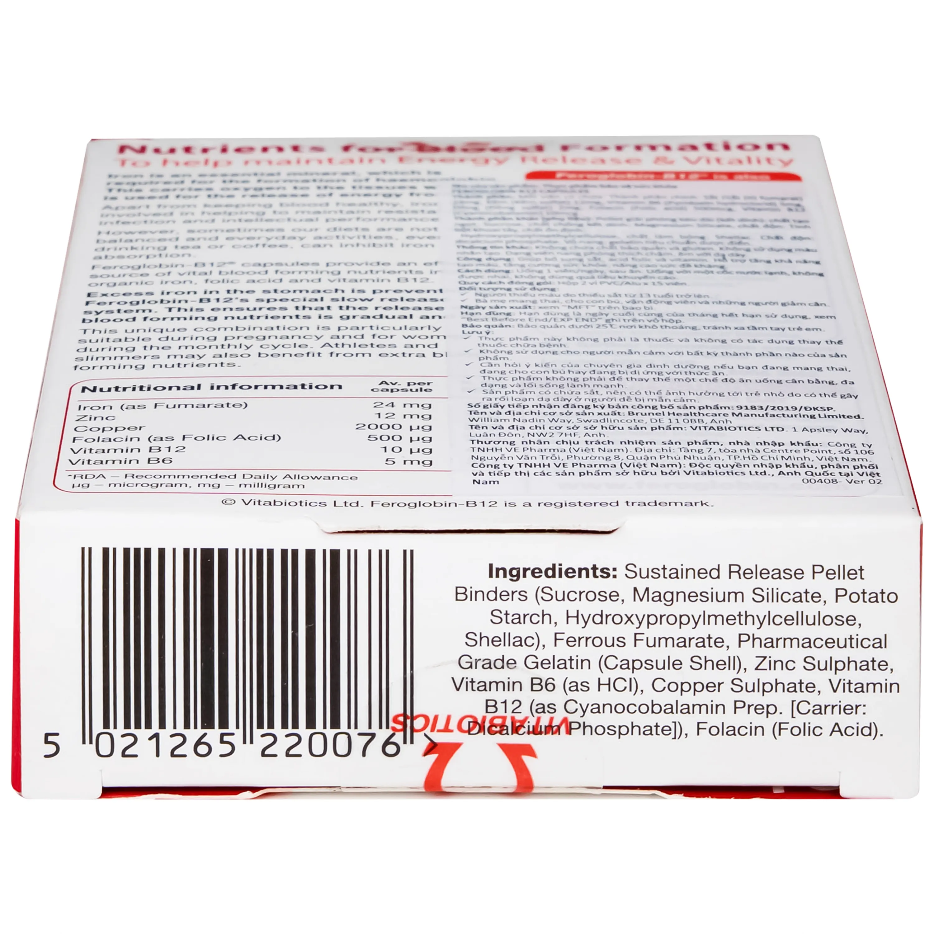 VIÊN UỐNG HỖ TRỢ TĂNG KHẢ NĂNG TẠO MÁU FEROGLOBIN B12 VITABIOTICS 30V 12