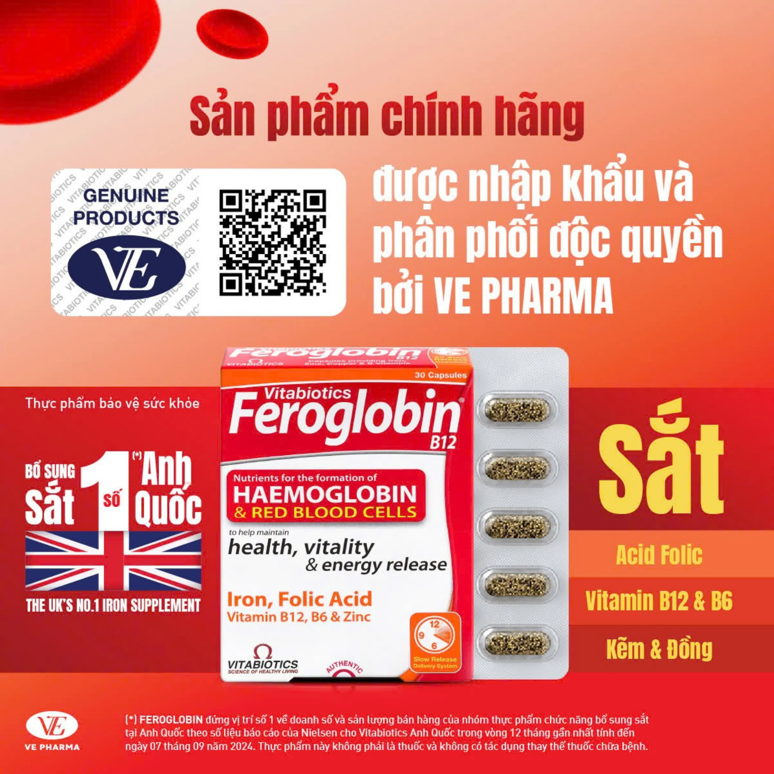 VIÊN UỐNG HỖ TRỢ TĂNG KHẢ NĂNG TẠO MÁU FEROGLOBIN B12 VITABIOTICS 30V 3