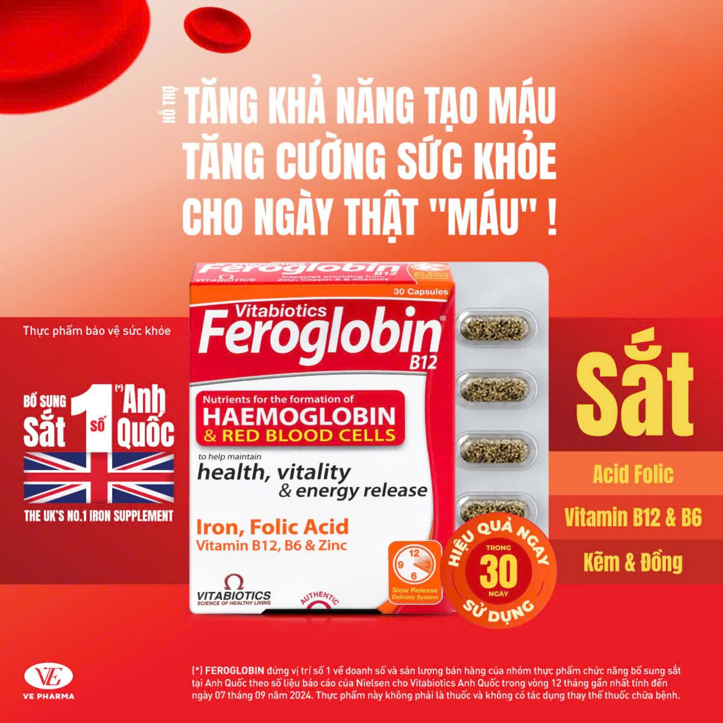 VIÊN UỐNG HỖ TRỢ TĂNG KHẢ NĂNG TẠO MÁU FEROGLOBIN B12 VITABIOTICS 30V 4