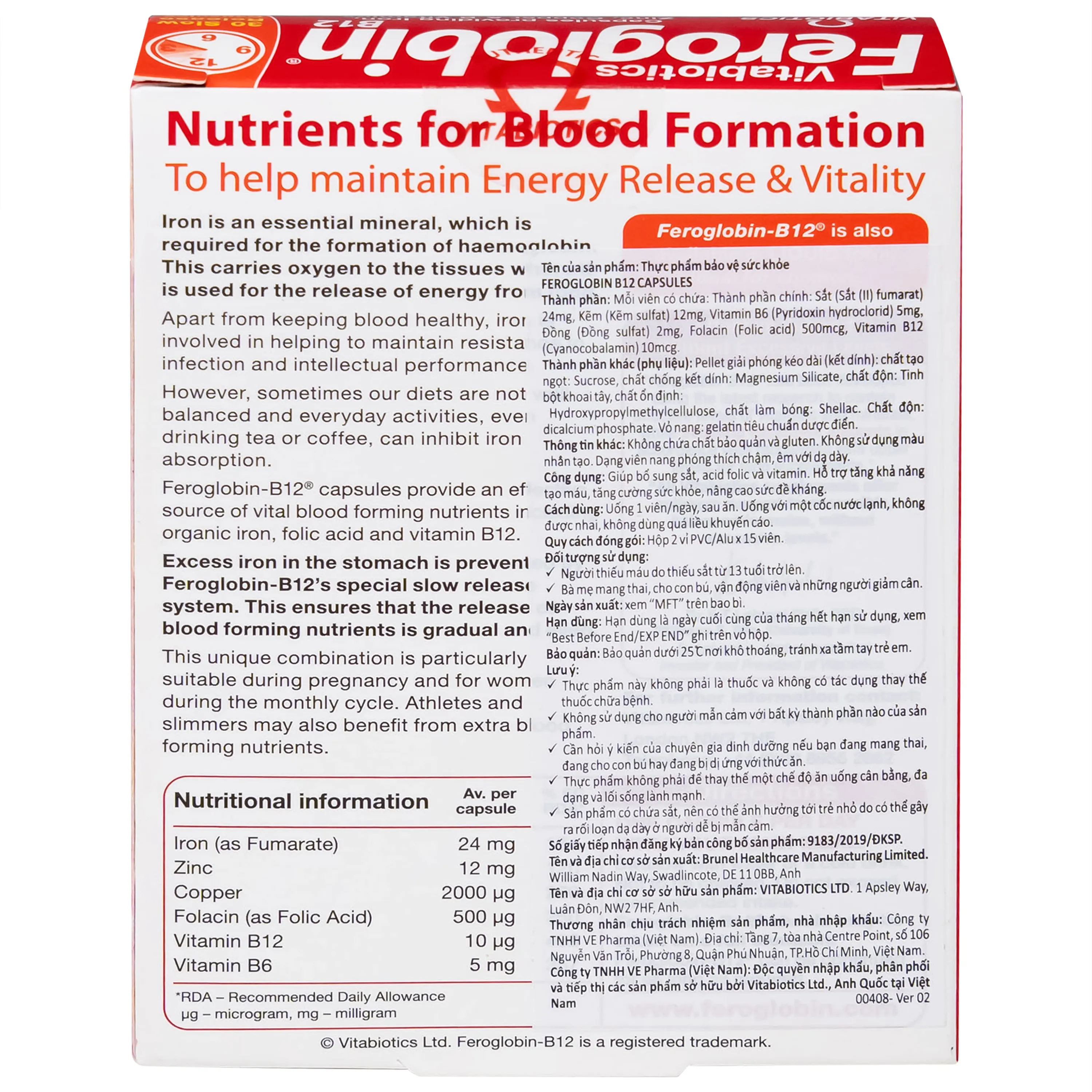VIÊN UỐNG HỖ TRỢ TĂNG KHẢ NĂNG TẠO MÁU FEROGLOBIN B12 VITABIOTICS 30V 9
