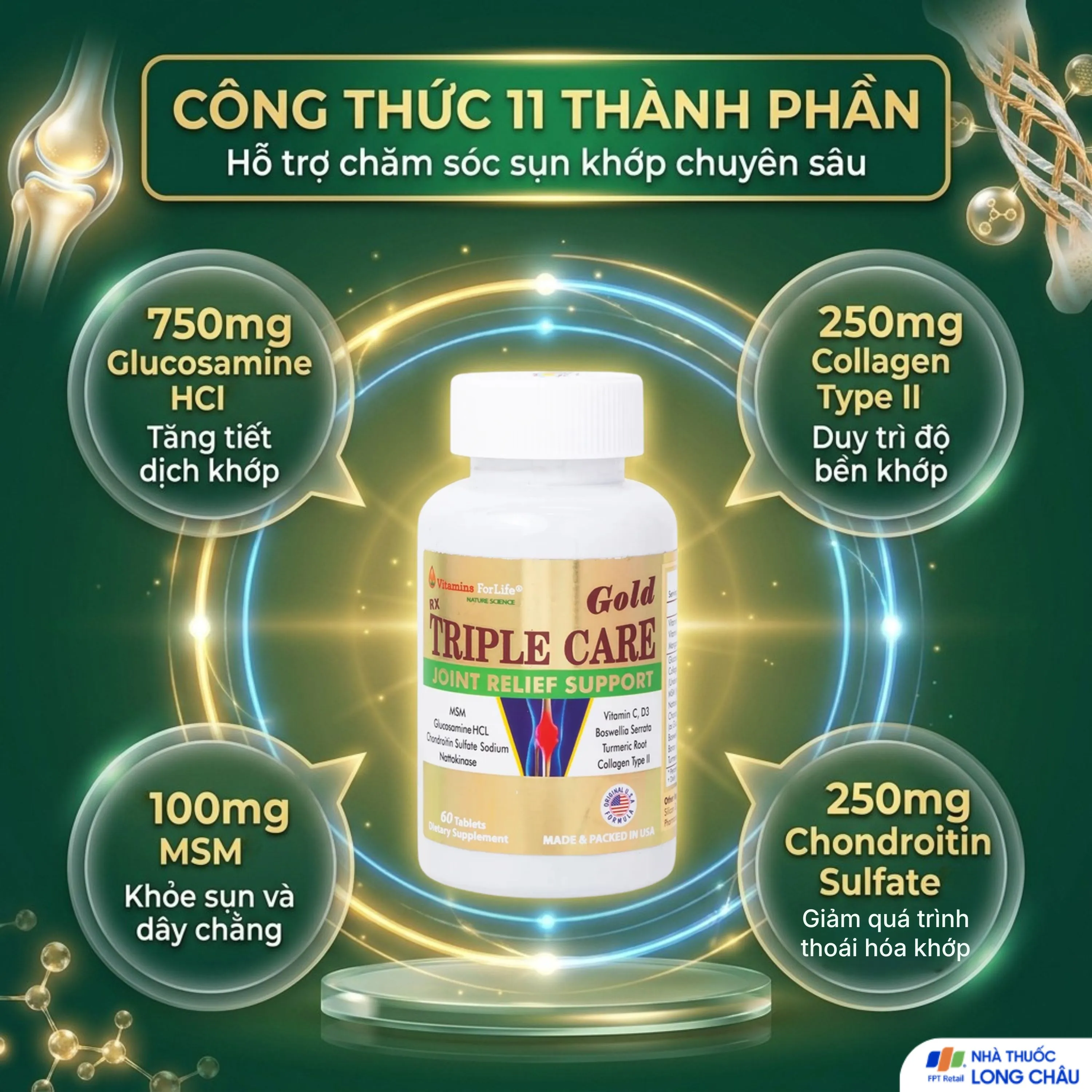 VIÊN UỐNG HỖ TRỢ TĂNG TIẾT DỊCH KHỚP TRIPLE CARE GOLD VITAMINS FOR LIFE 60V 3