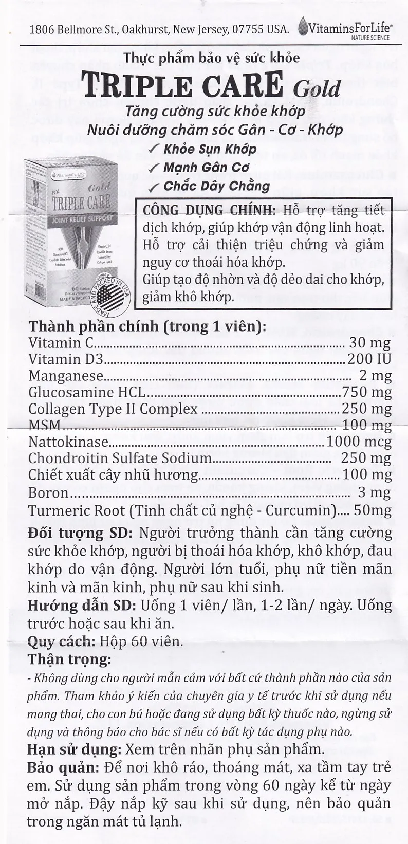 VIÊN UỐNG HỖ TRỢ TĂNG TIẾT DỊCH KHỚP TRIPLE CARE GOLD VITAMINS FOR LIFE 60V 14