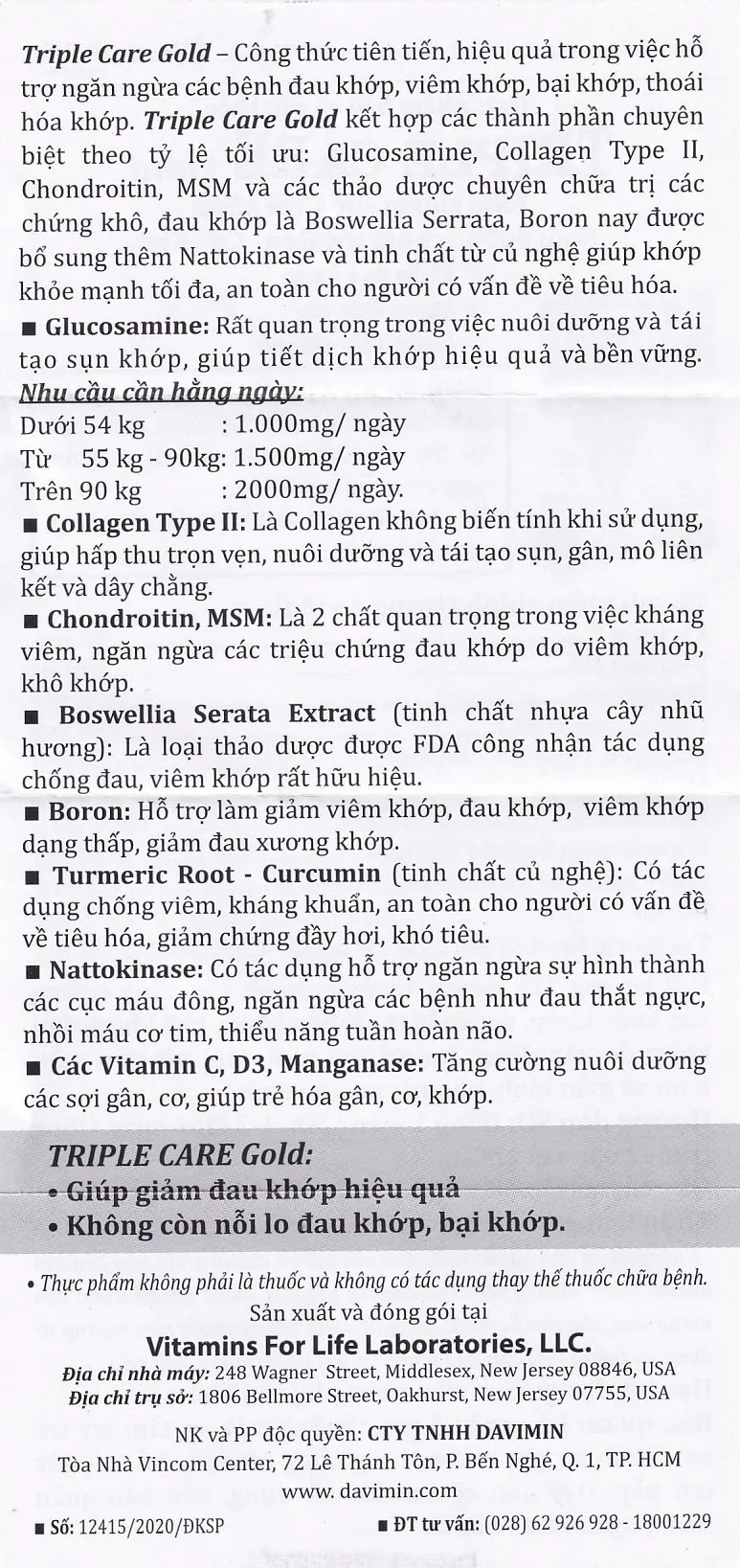 VIÊN UỐNG HỖ TRỢ TĂNG TIẾT DỊCH KHỚP TRIPLE CARE GOLD VITAMINS FOR LIFE 60V 15