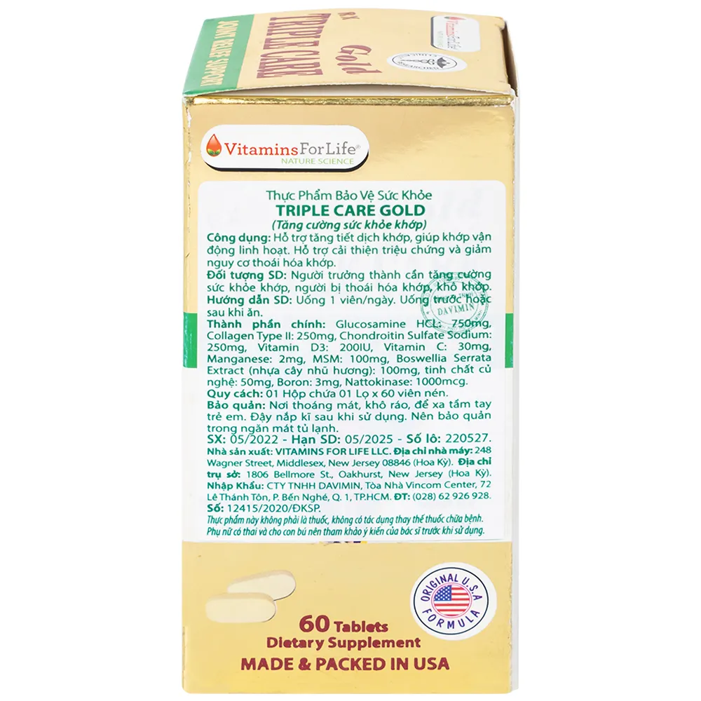 VIÊN UỐNG HỖ TRỢ TĂNG TIẾT DỊCH KHỚP TRIPLE CARE GOLD VITAMINS FOR LIFE 60V 9