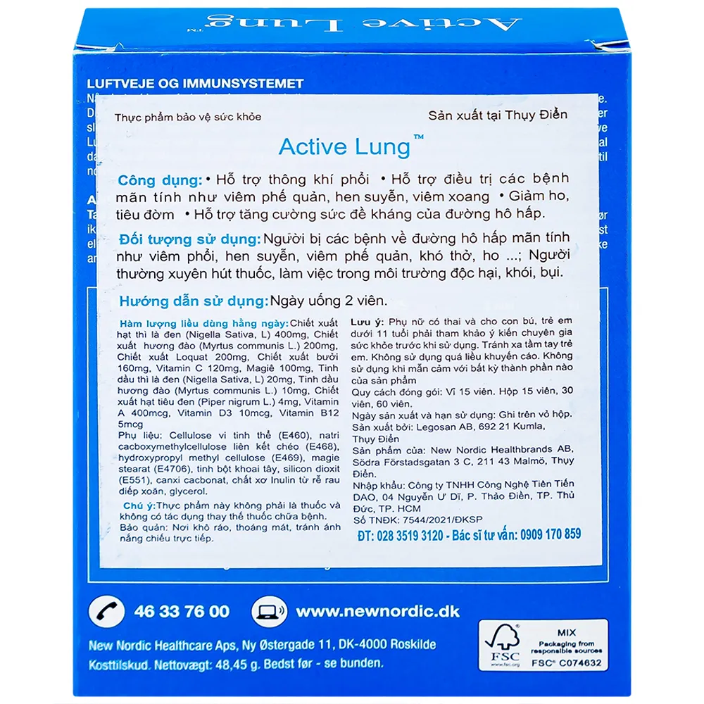 VIÊN UỐNG HỖ TRỢ THÔNG KHÍ PHỔI ACTIVE LUNG NEW NORDIC 2X15 10