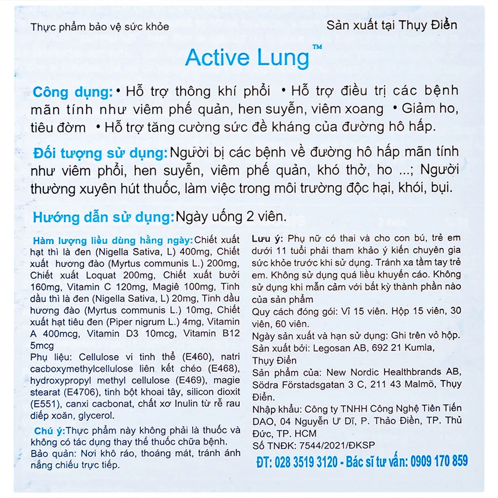 VIÊN UỐNG HỖ TRỢ THÔNG KHÍ PHỔI ACTIVE LUNG NEW NORDIC 2X15 11