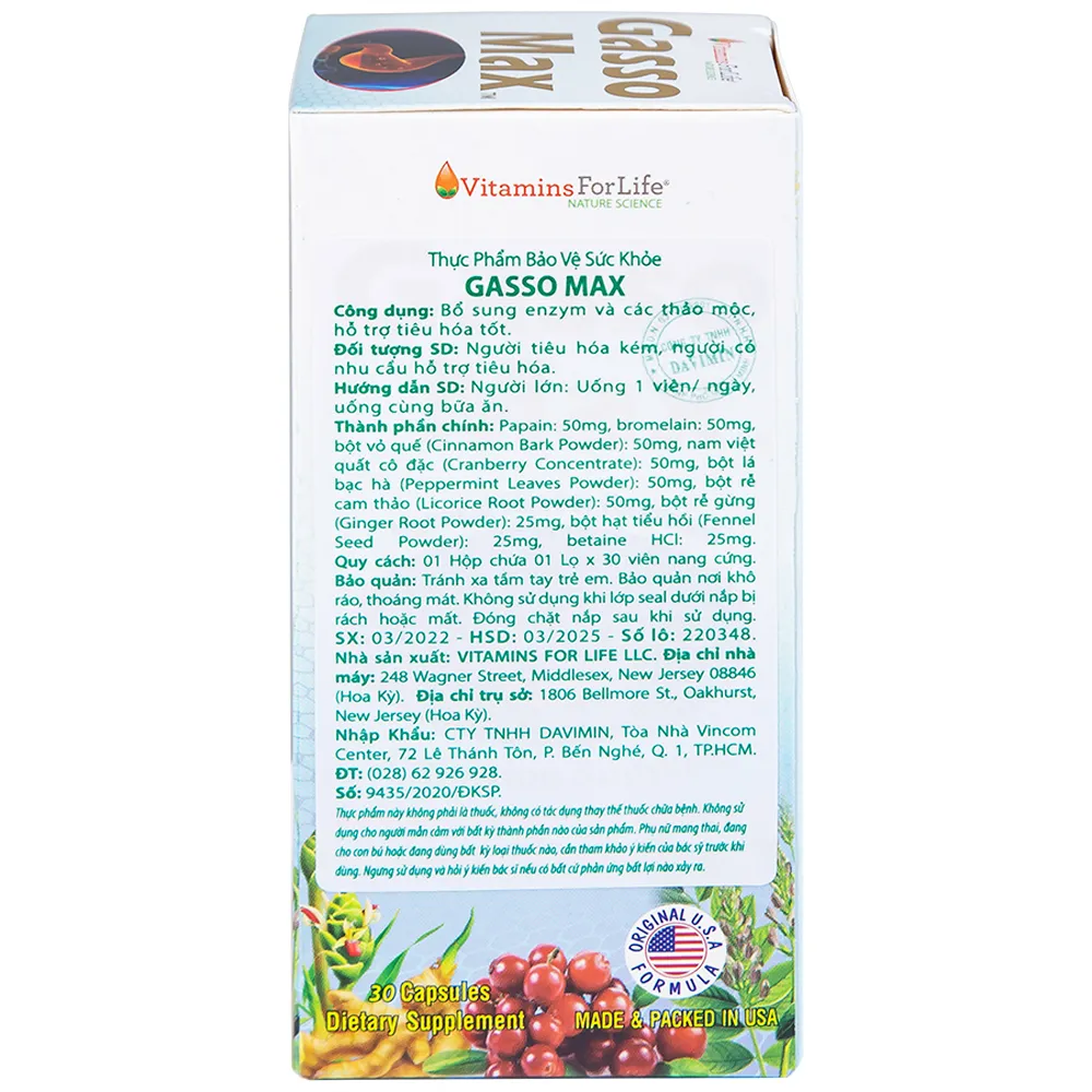 VIÊN UỐNG HỖ TRỢ TIÊU HÓA GASSOMAX VITAMINS FOR LIFE 30V 12