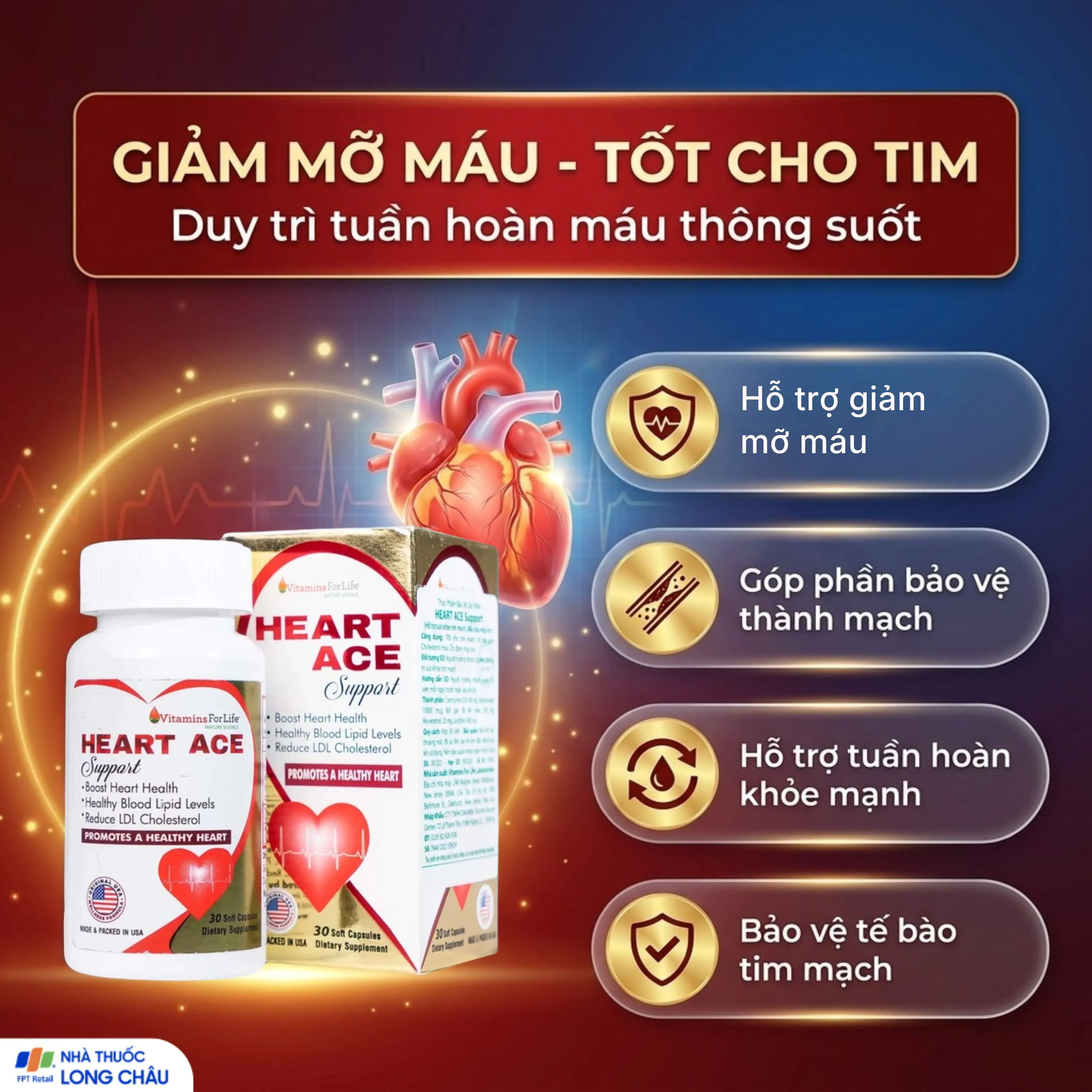 VIÊN UỐNG HỖ TRỢ TIM MẠCH HEART ACE SUPPORT VITAMINS FOR LIFE 30V 4