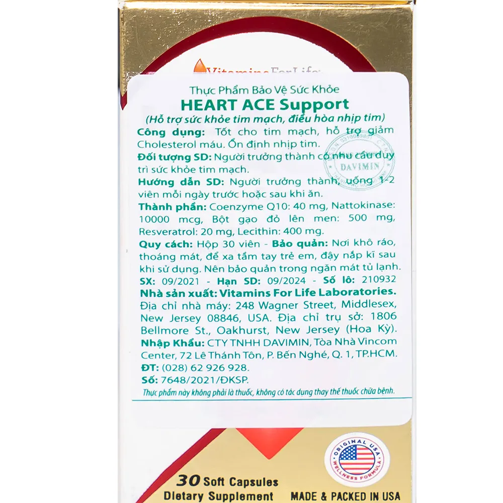 VIÊN UỐNG HỖ TRỢ TIM MẠCH HEART ACE SUPPORT VITAMINS FOR LIFE 30V 9